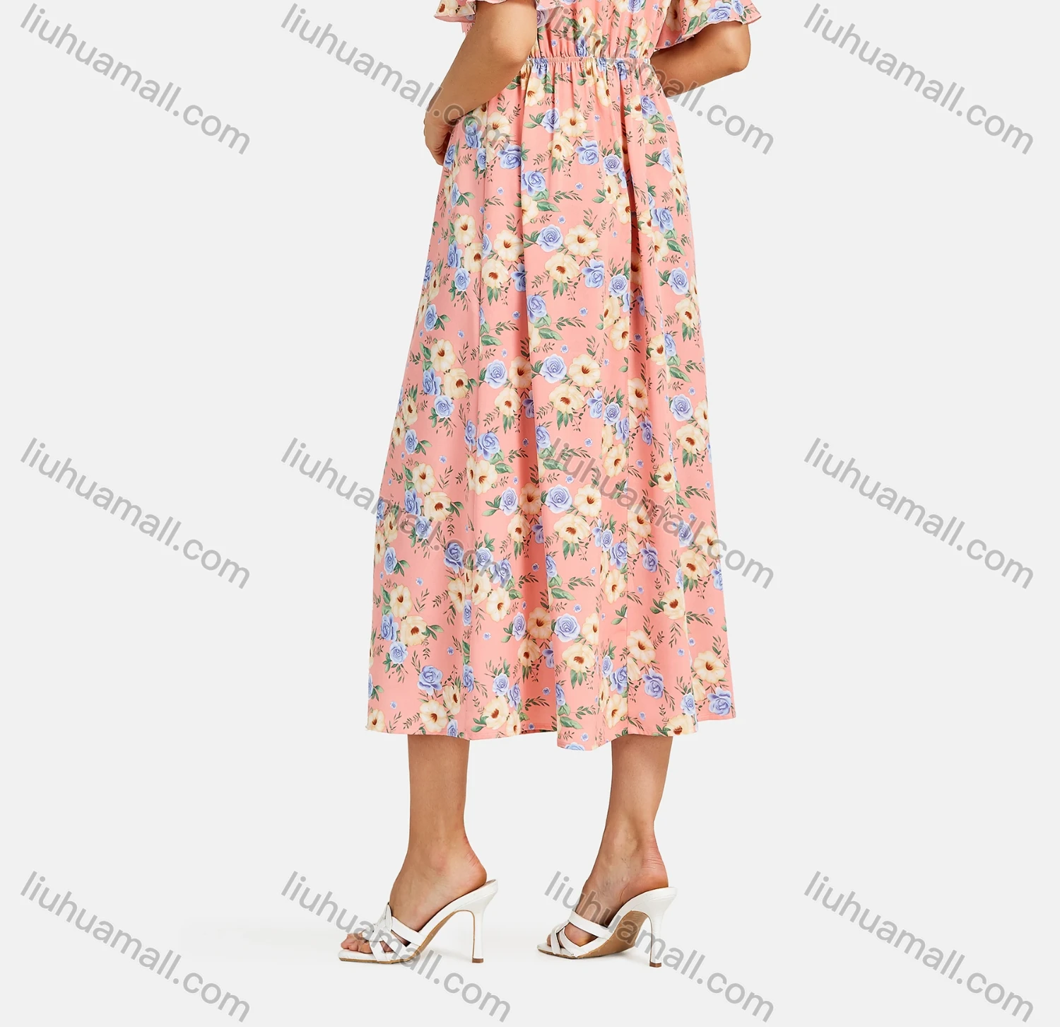 Wholesale Woman's Casual Ruched Pleated Round Neck Bell Sleeve Floral Print Midi Dress - Liuhuamall
