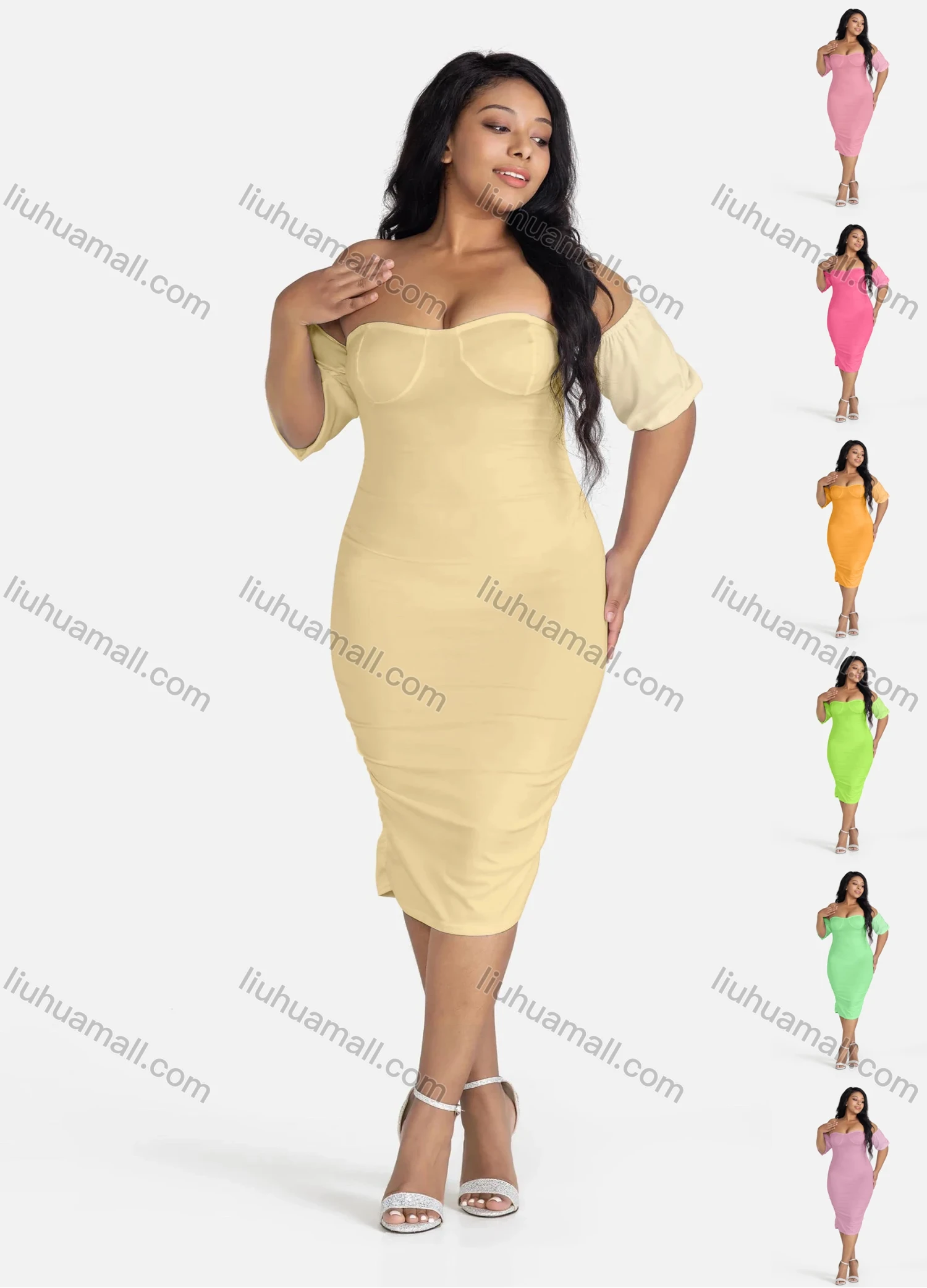 Wholesale Women's Sexy Off Shoulder Short Sleeve Bodycon Pullover Plain Dress - Liuhuamall