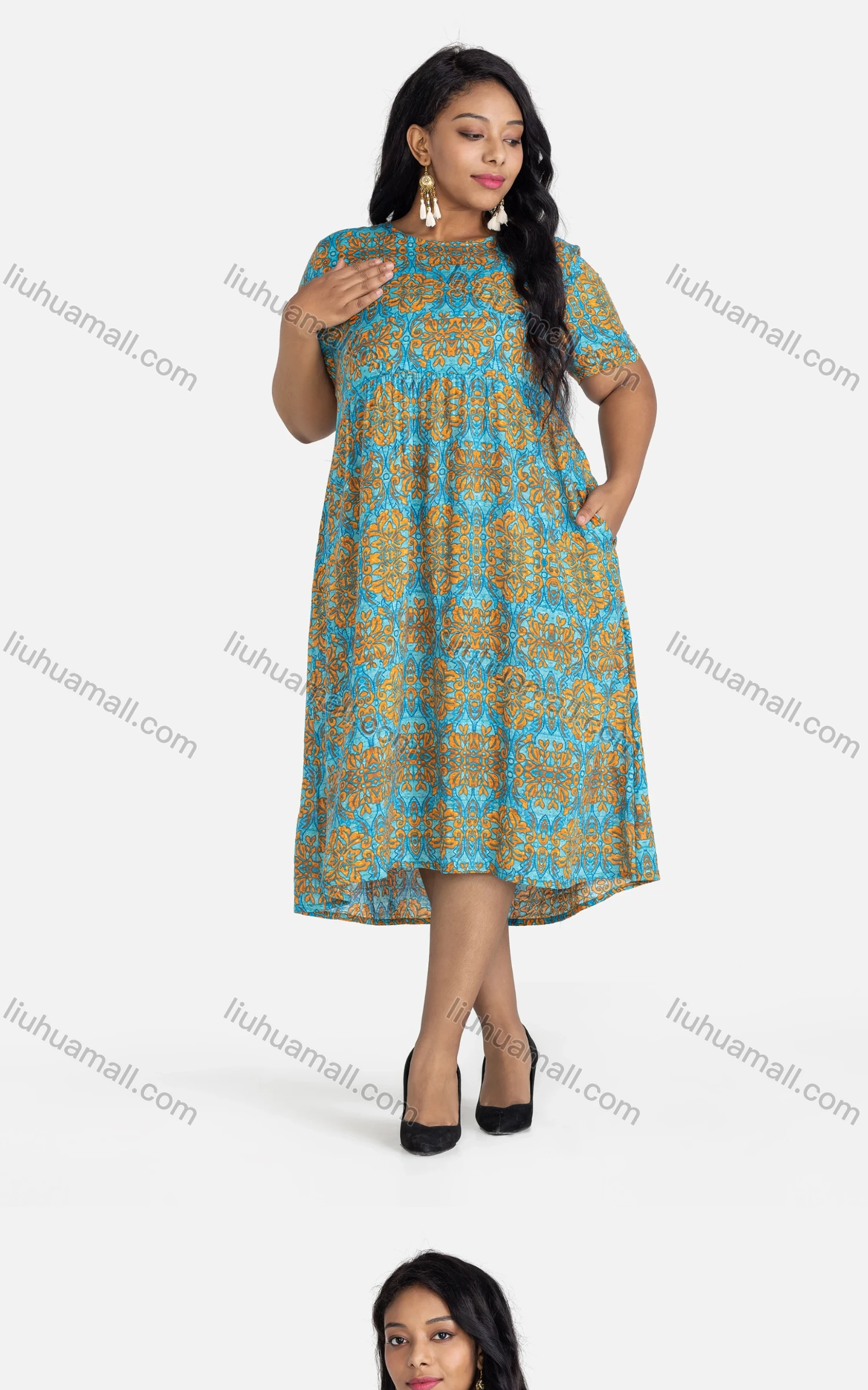 Wholesale Women's Casual Round Neck Folkloric Print Dual Pockets Midi Dress - Liuhuamall