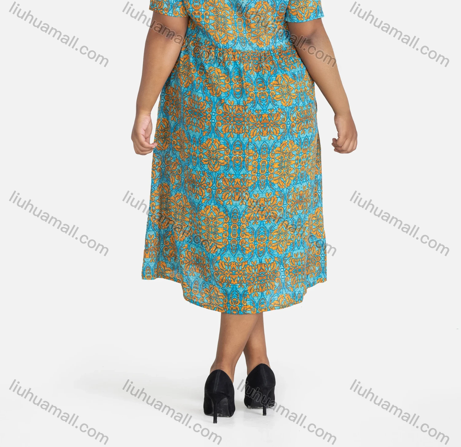 Wholesale Women's Casual Round Neck Folkloric Print Dual Pockets Midi Dress - Liuhuamall