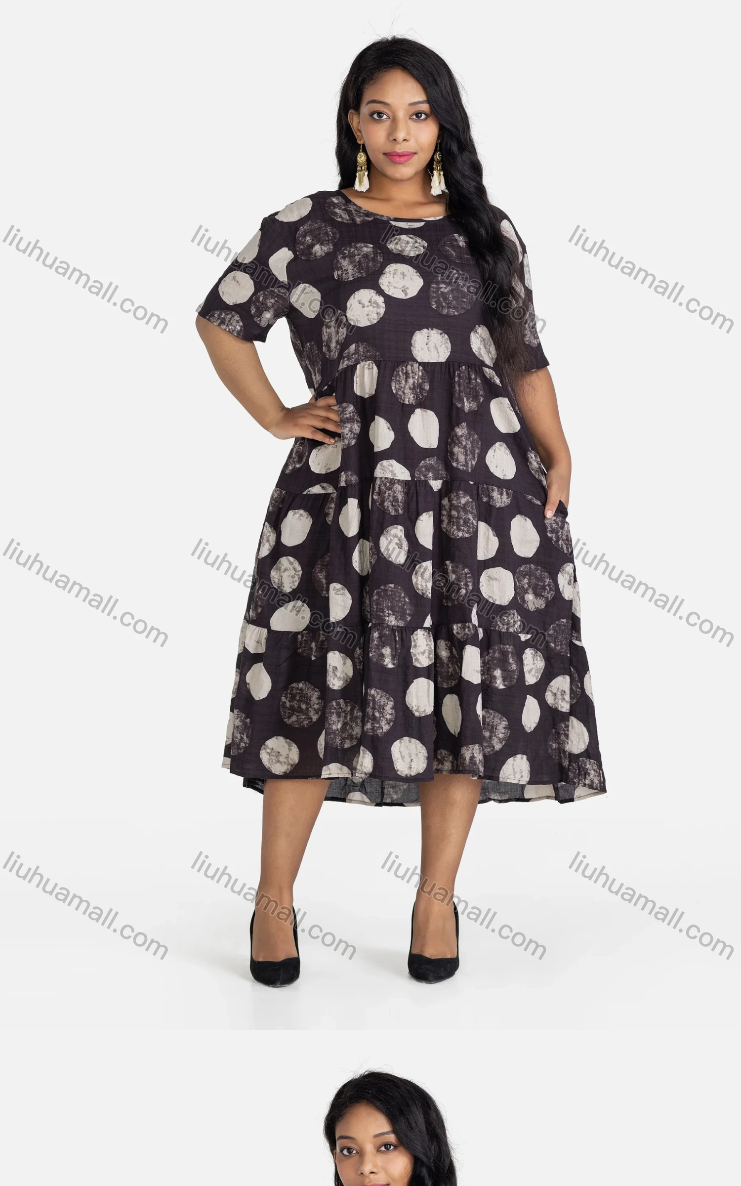 Wholesale Women's Casual Round Neck Polka Dots Print Dual Pockets Midi Dress - Liuhuamall