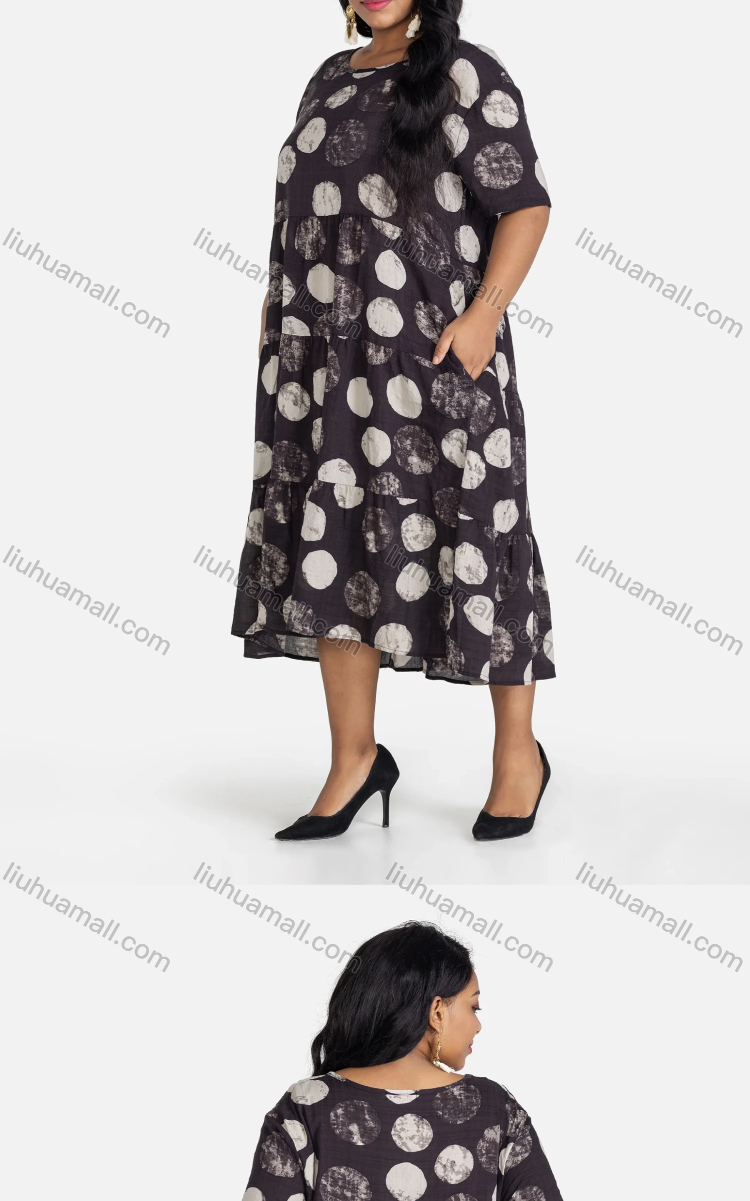 Wholesale Women's Casual Round Neck Polka Dots Print Dual Pockets Midi Dress - Liuhuamall