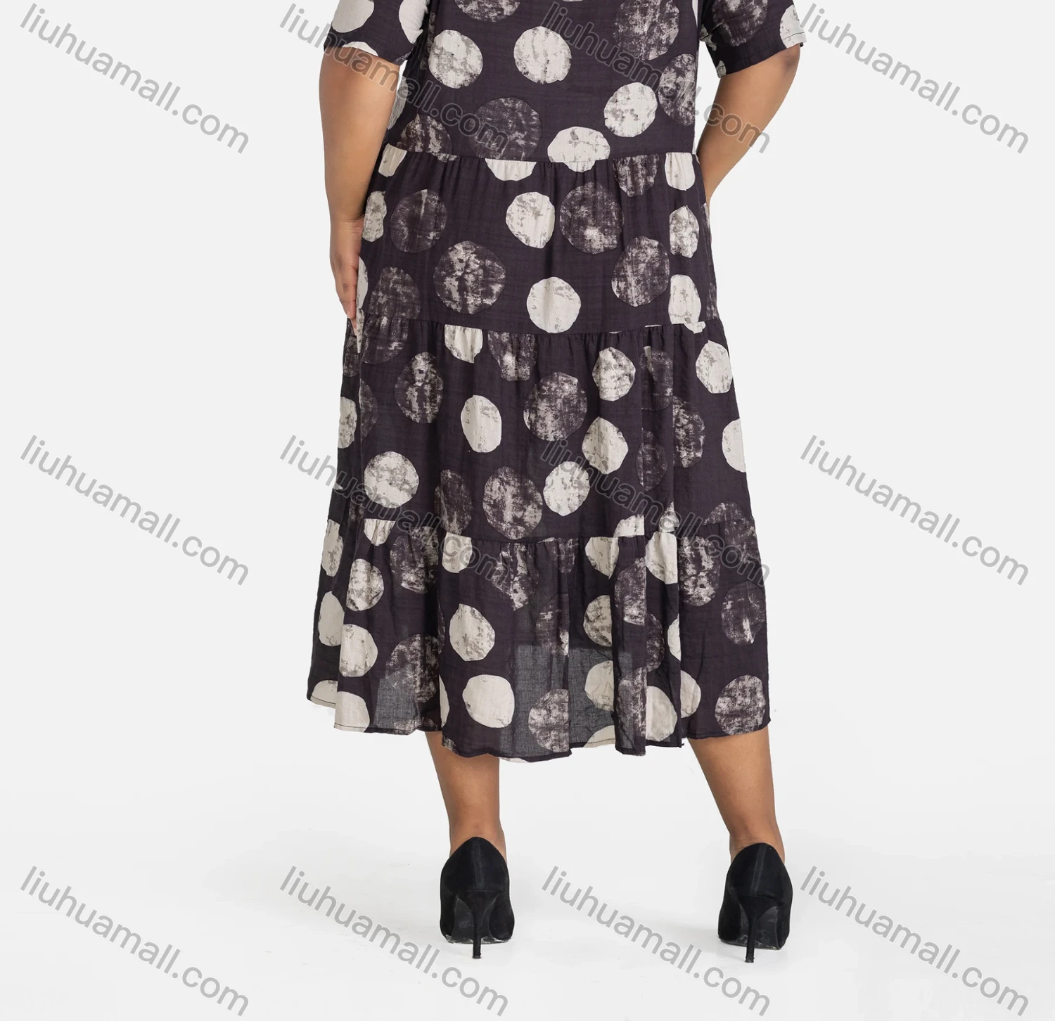 Wholesale Women's Casual Round Neck Polka Dots Print Dual Pockets Midi Dress - Liuhuamall