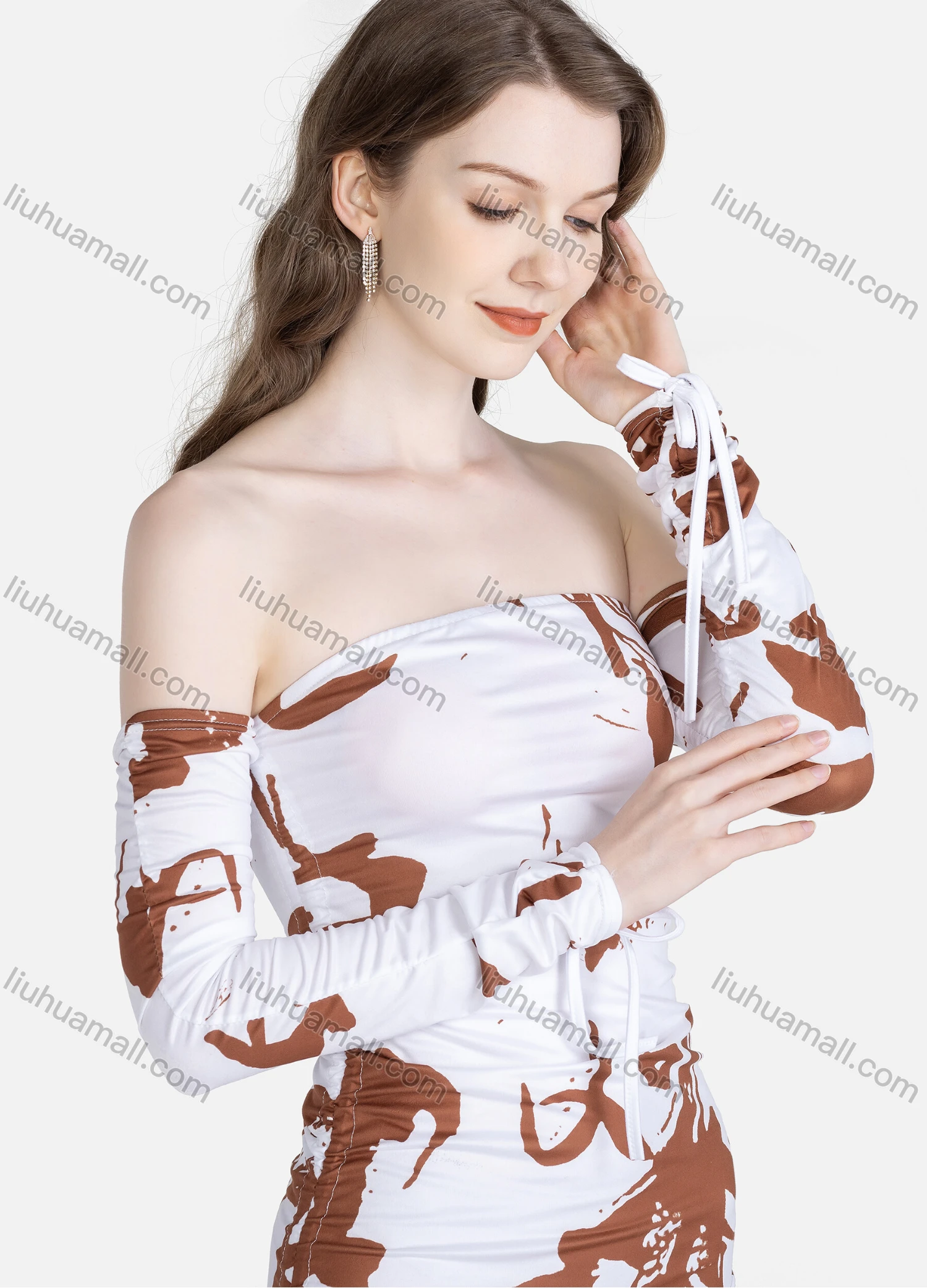 Wholesale Women's Sexy Off Shoulder Long Sleeve Drawstring Printed Bodycon Dress - Liuhuamall