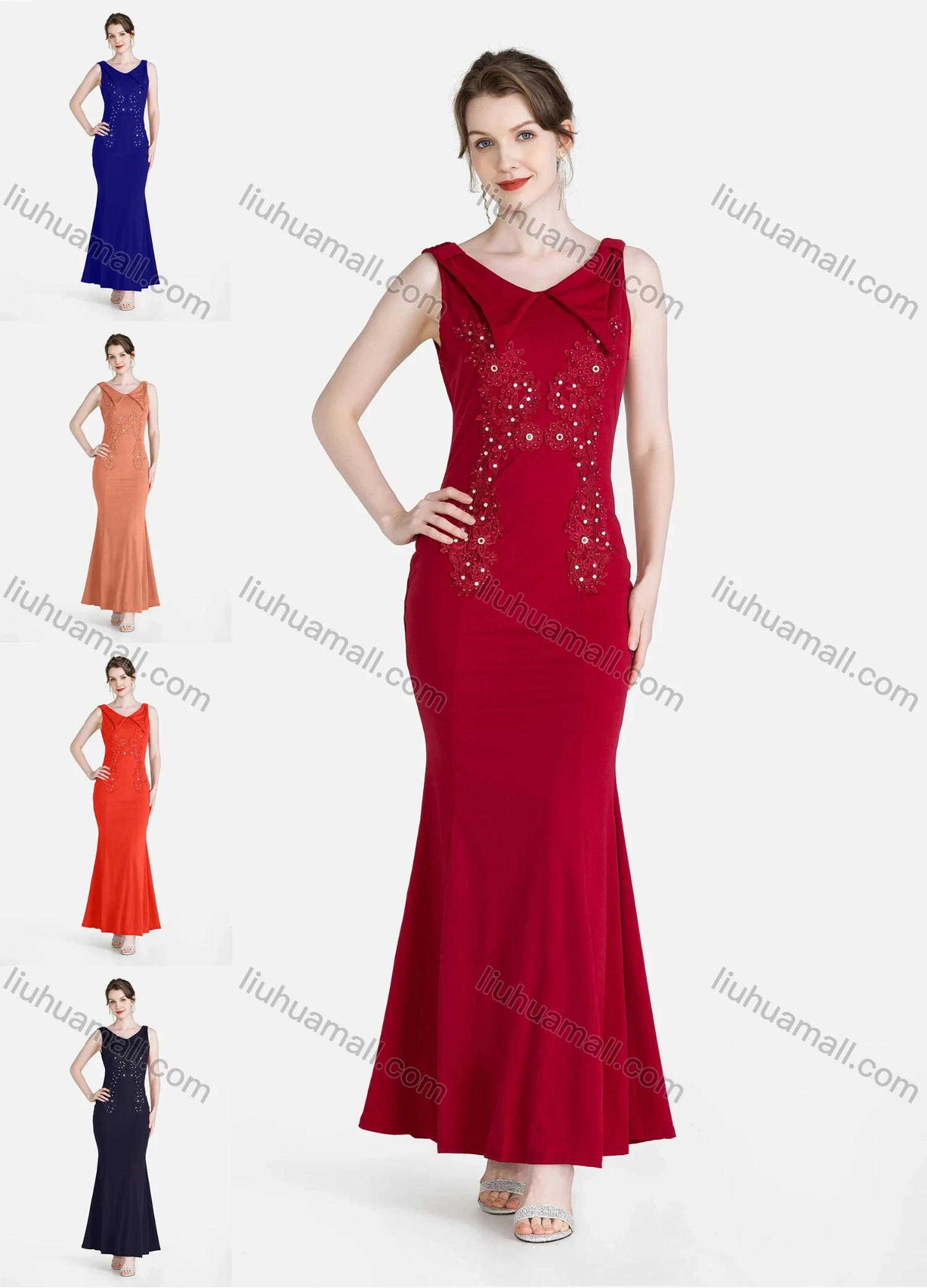 Wholesale Women's Elegant Appliques Rhinestone Plain Maxi Evening Dress - Liuhuamall