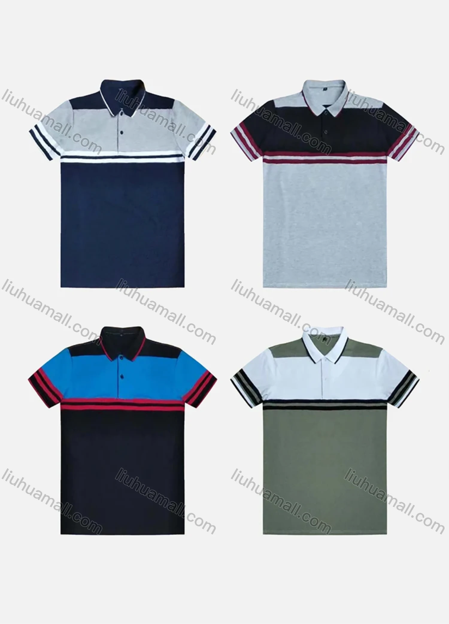 Wholesale Men's Casual Short Sleeve Button Front Striped Colorblock Polo Shirts - Liuhuamall