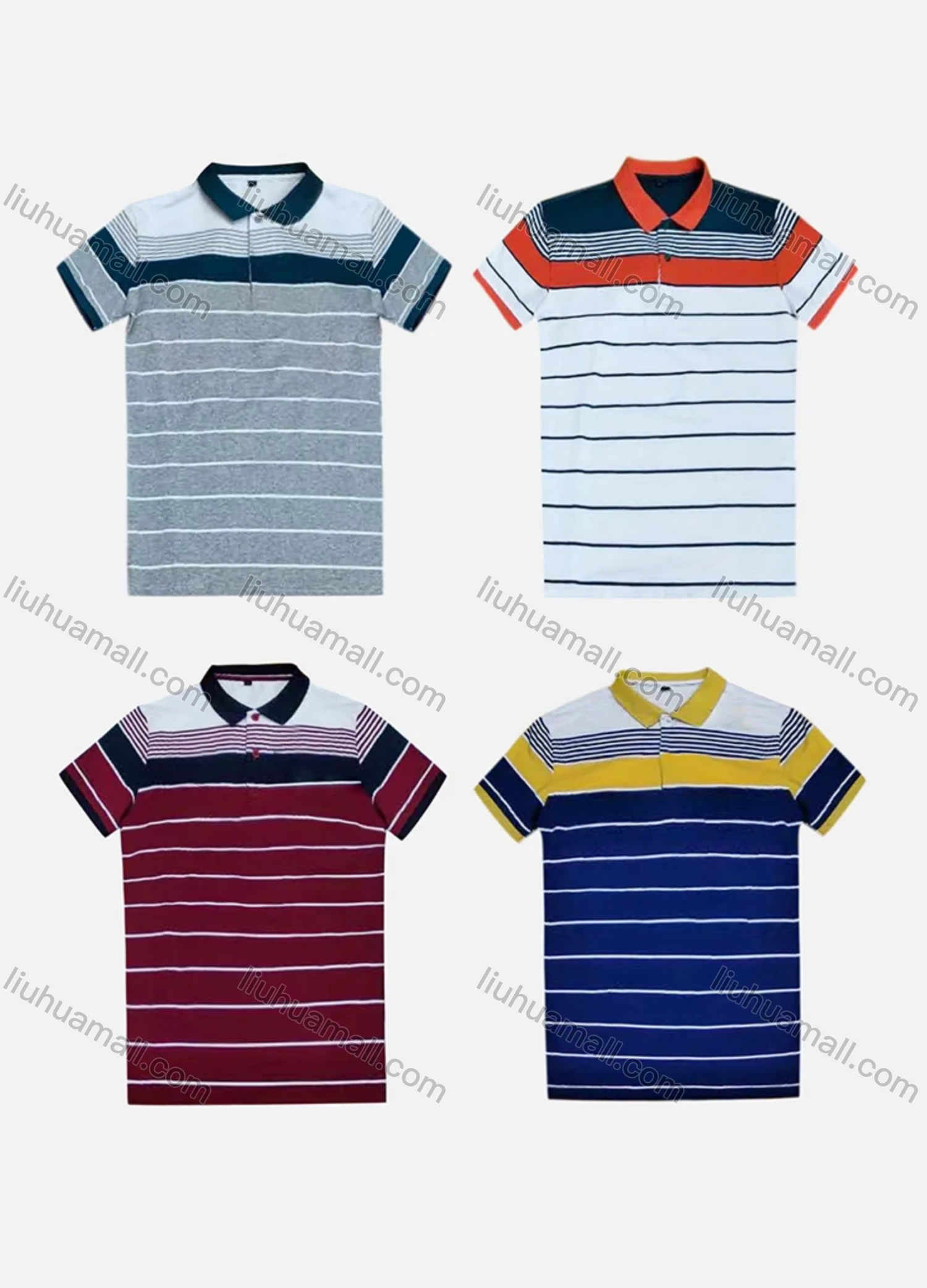 Wholesale Men's Casual Short Sleeve Button Front Striped Colorblock Polo Shirts - Liuhuamall