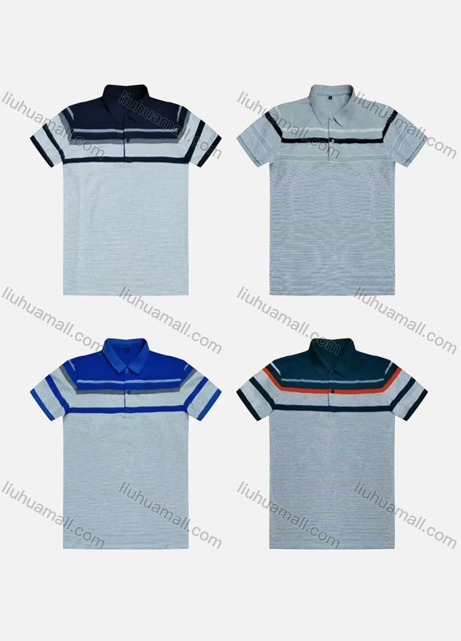 Wholesale Men's Casual Short Sleeve Colorblock Striped Button Front Polo Shirts - Liuhuamall