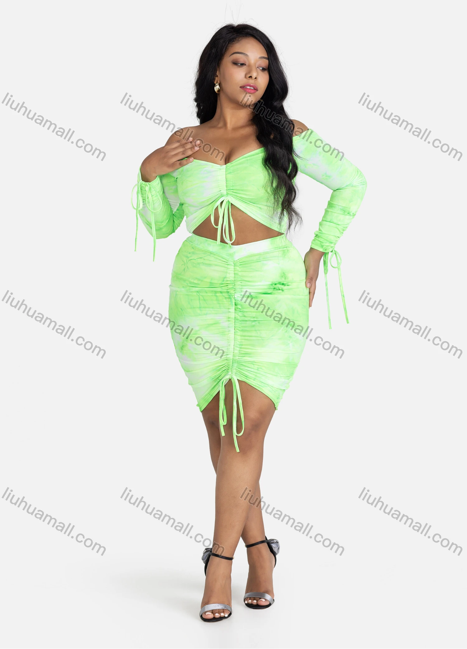 Wholesale Women's Fashion Tie Dye Drawstring Off Shoulder Long Sleeve Crop Top And Ruched Bodycon Skirt Set - Liuhuamall