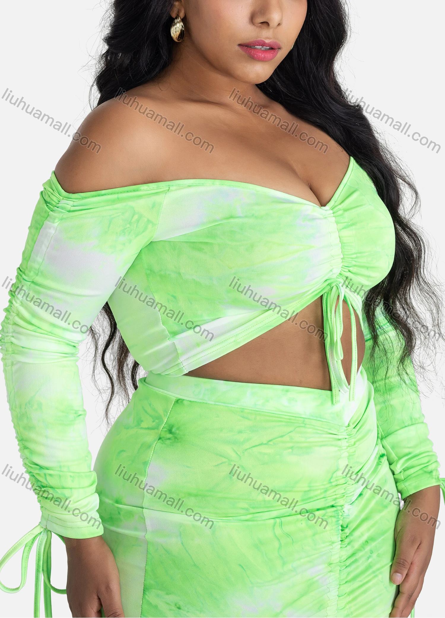 Wholesale Women's Fashion Tie Dye Drawstring Off Shoulder Long Sleeve Crop Top And Ruched Bodycon Skirt Set - Liuhuamall
