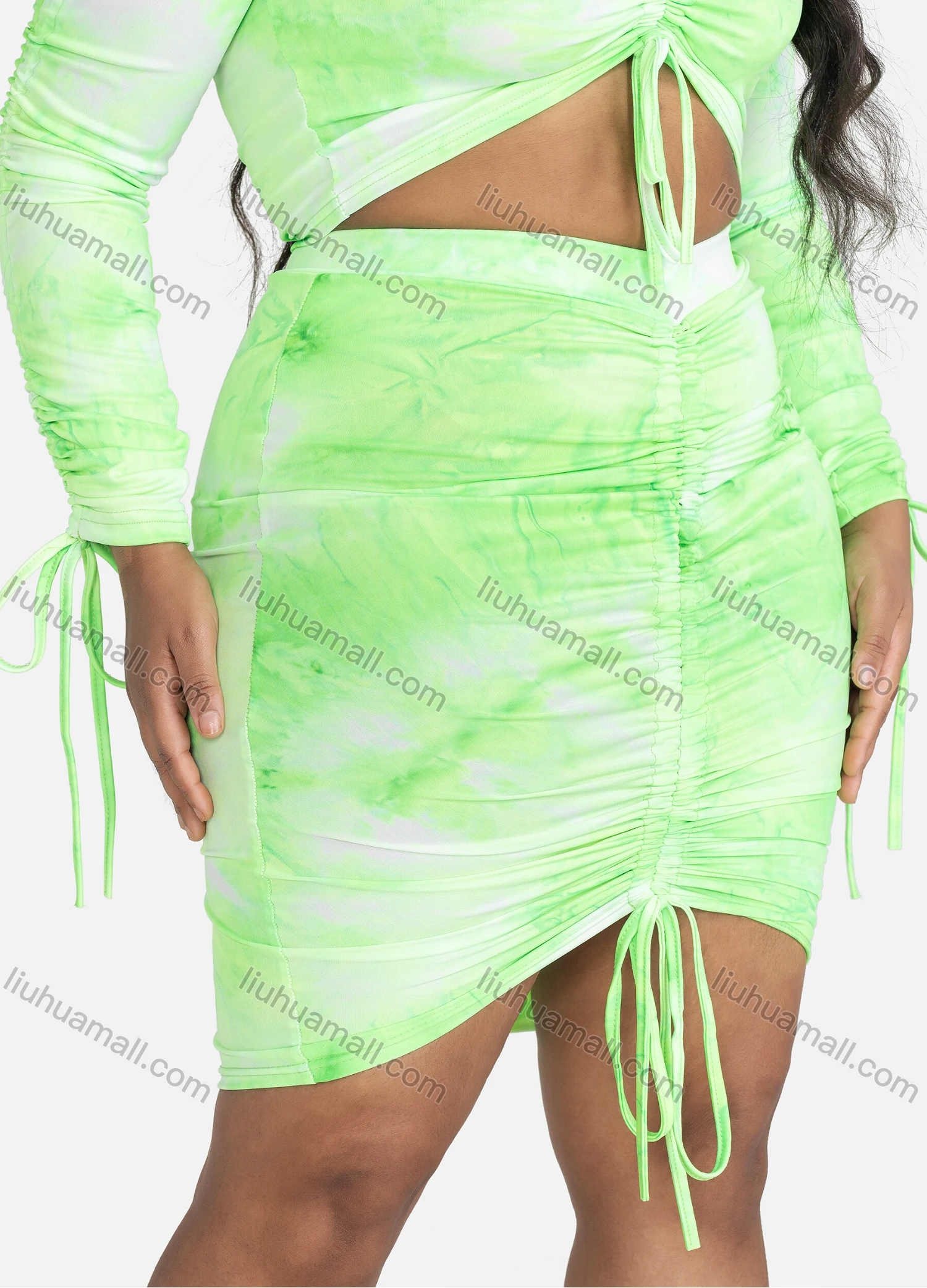 Wholesale Women's Fashion Tie Dye Drawstring Off Shoulder Long Sleeve Crop Top And Ruched Bodycon Skirt Set - Liuhuamall