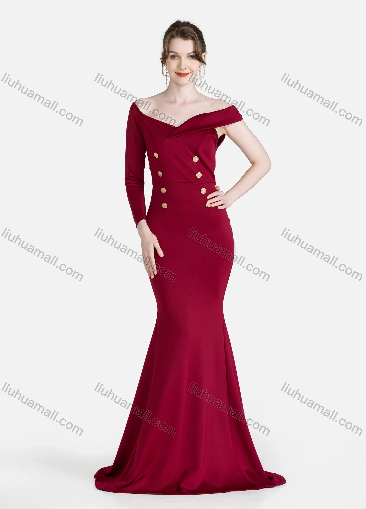 Wholesale Women's Elegant Plain Asymmetrical One Shoulder Button Decor Mermaid Evening Dress - Liuhuamall