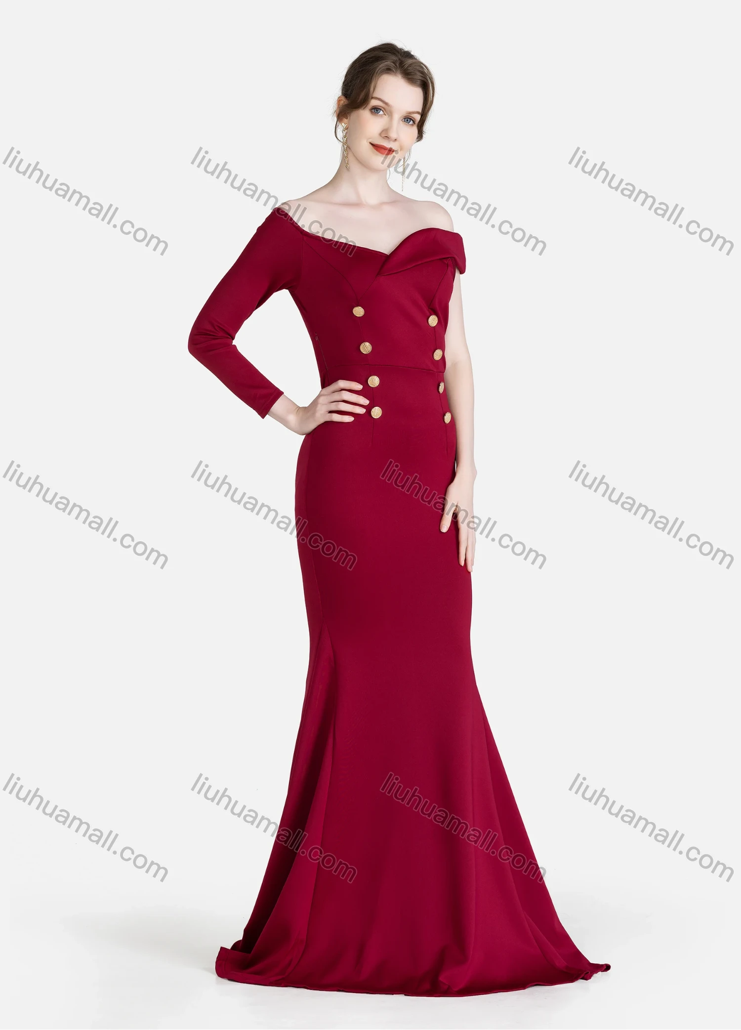 Wholesale Women's Elegant Plain Asymmetrical One Shoulder Button Decor Mermaid Evening Dress - Liuhuamall