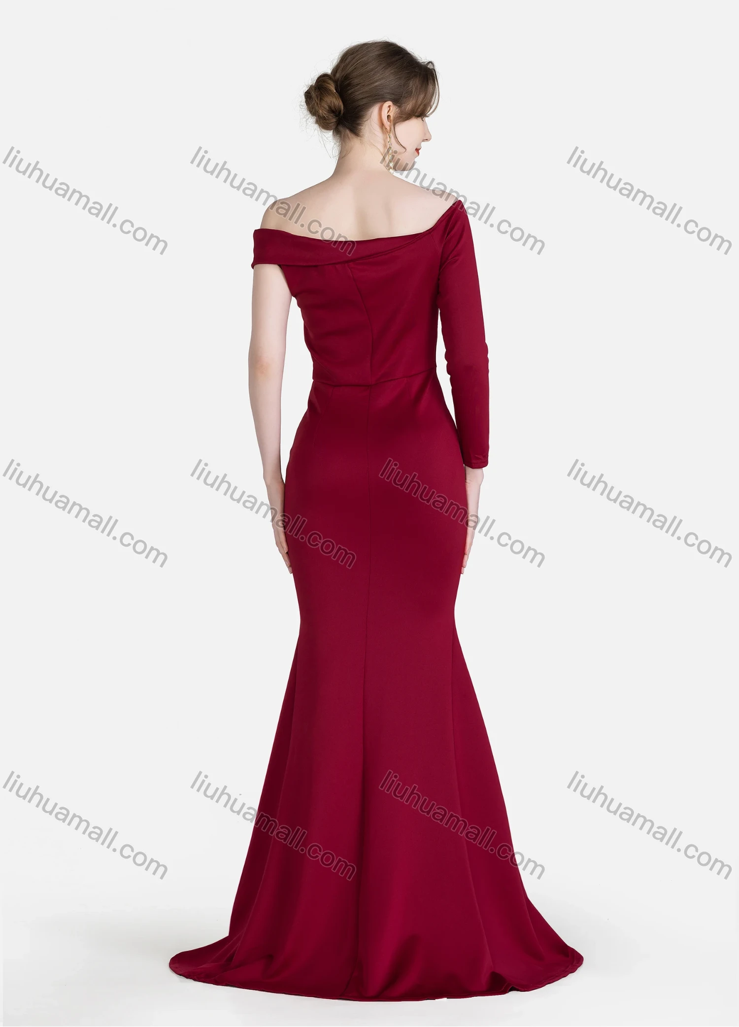 Wholesale Women's Elegant Plain Asymmetrical One Shoulder Button Decor Mermaid Evening Dress - Liuhuamall