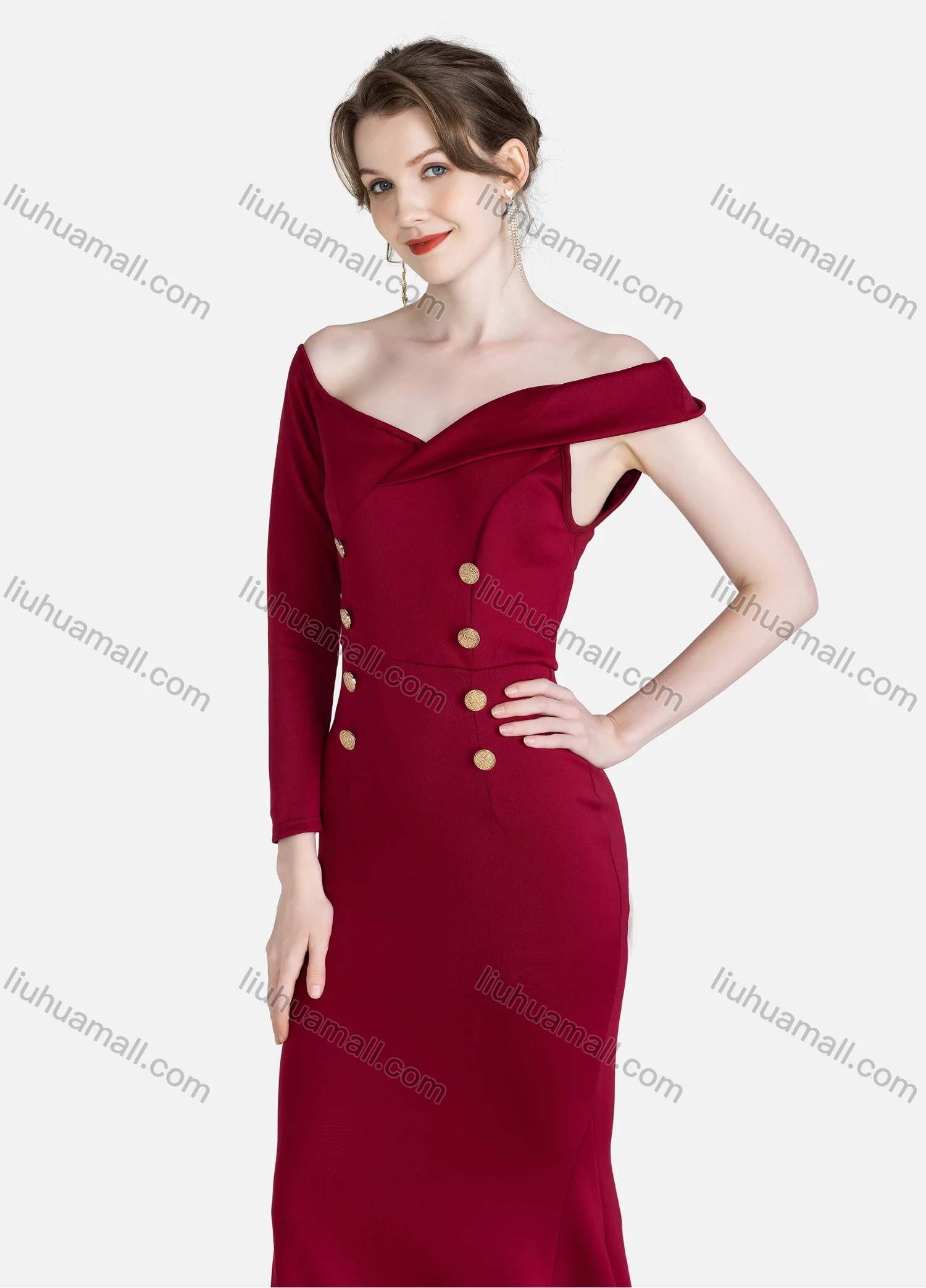 Wholesale Women's Elegant Plain Asymmetrical One Shoulder Button Decor Mermaid Evening Dress - Liuhuamall