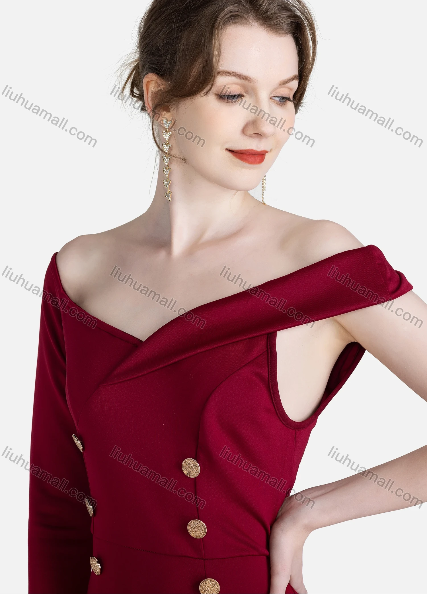 Wholesale Women's Elegant Plain Asymmetrical One Shoulder Button Decor Mermaid Evening Dress - Liuhuamall