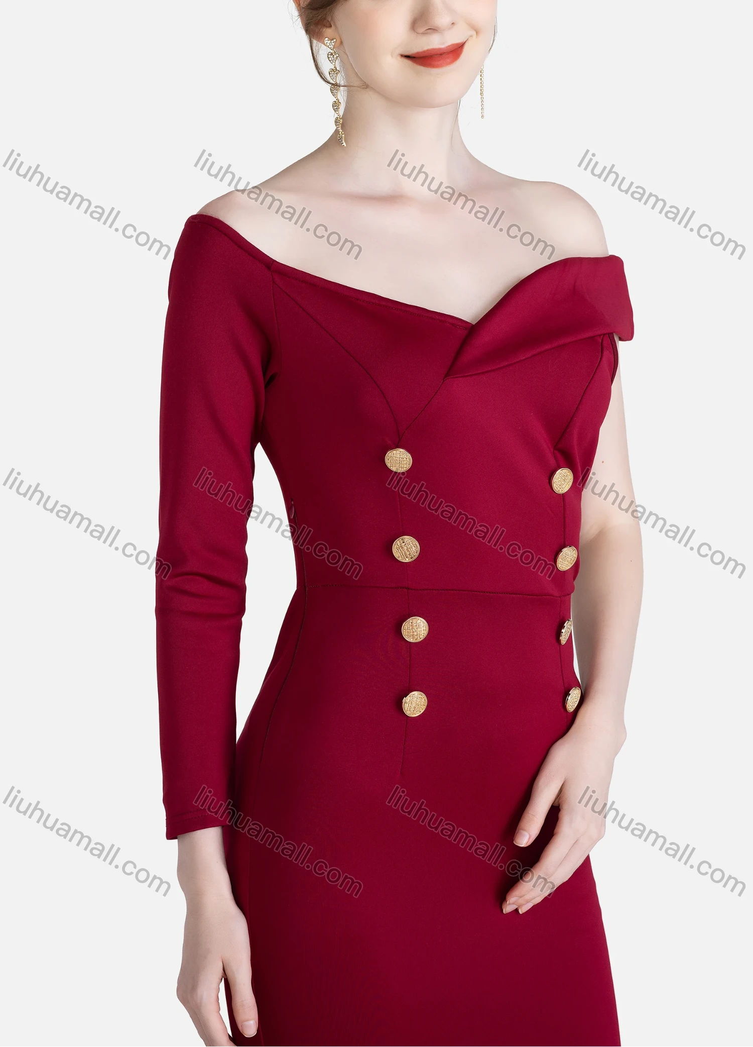 Wholesale Women's Elegant Plain Asymmetrical One Shoulder Button Decor Mermaid Evening Dress - Liuhuamall