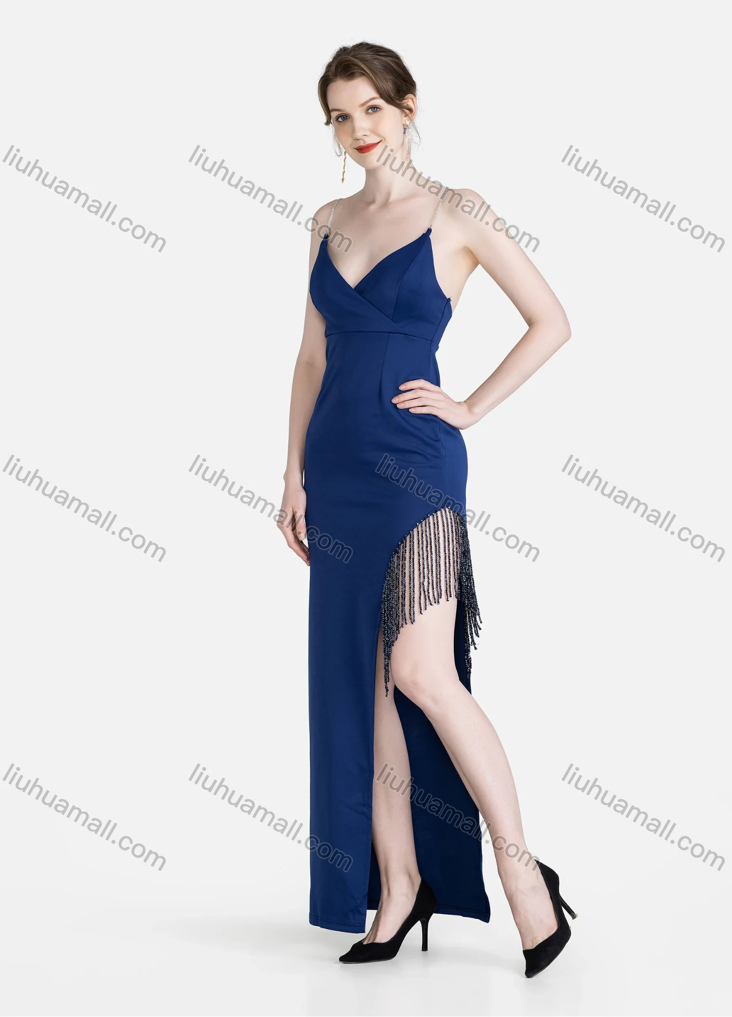 Wholesale Women's Sexy Plain Wrap V Neck Sleeveless Split Side Fringe Hem Backless Maxi Cami Evening Dress - Liuhuamall