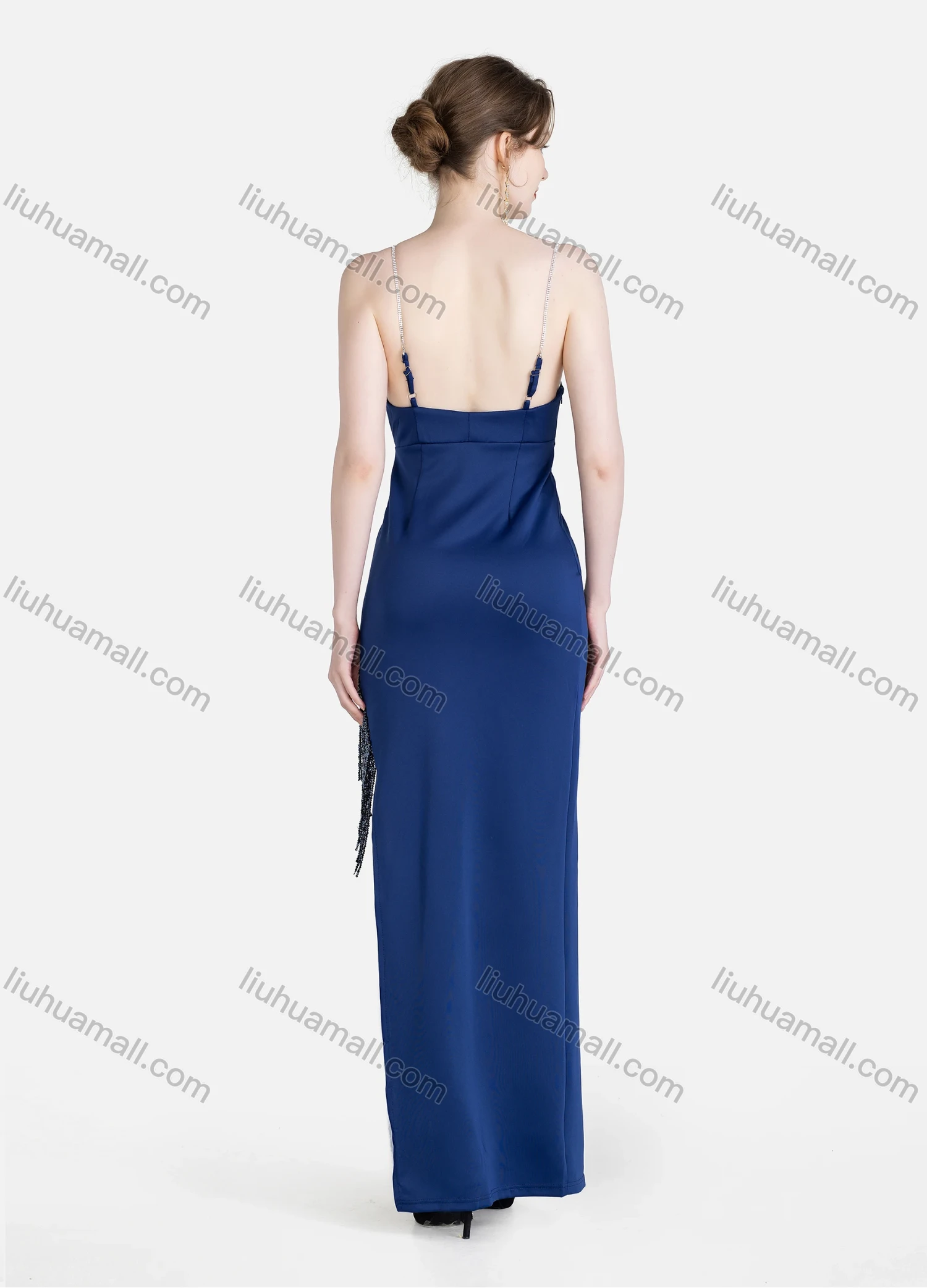 Wholesale Women's Sexy Plain Wrap V Neck Sleeveless Split Side Fringe Hem Backless Maxi Cami Evening Dress - Liuhuamall
