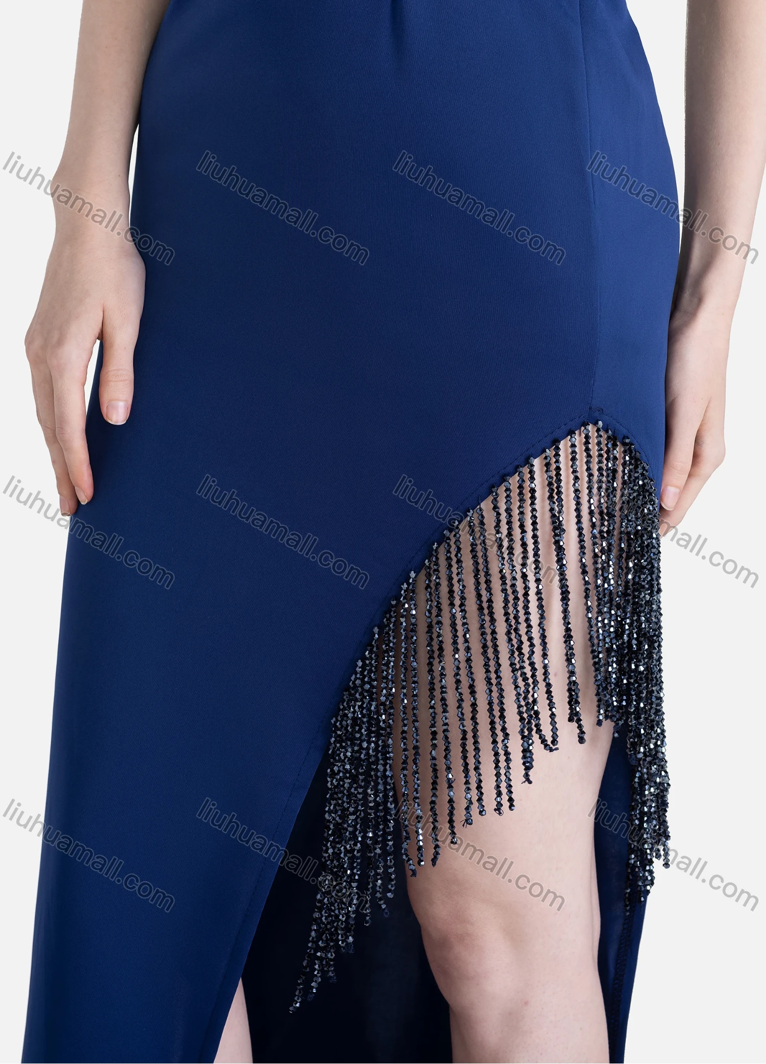 Wholesale Women's Sexy Plain Wrap V Neck Sleeveless Split Side Fringe Hem Backless Maxi Cami Evening Dress - Liuhuamall