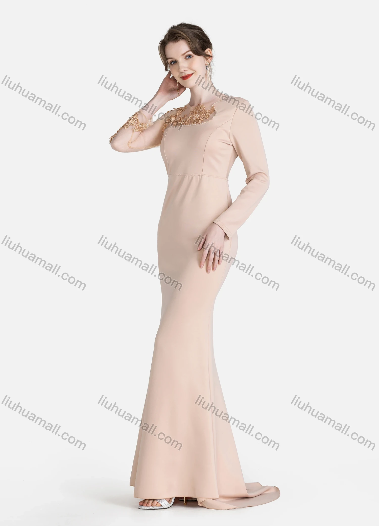 Wholesale Women's Elegant Plain Round Neck Splicing Sheer Lace See Through Rhinestone Embroidered Mermaid Evening Dress - Liuhuamall