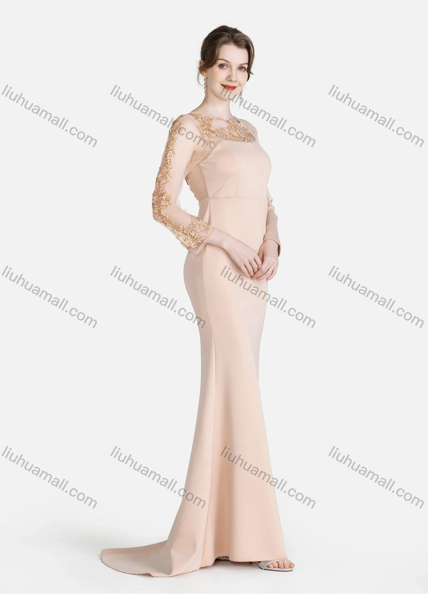 Wholesale Women's Elegant Plain Round Neck Splicing Sheer Lace See Through Rhinestone Embroidered Mermaid Evening Dress - Liuhuamall