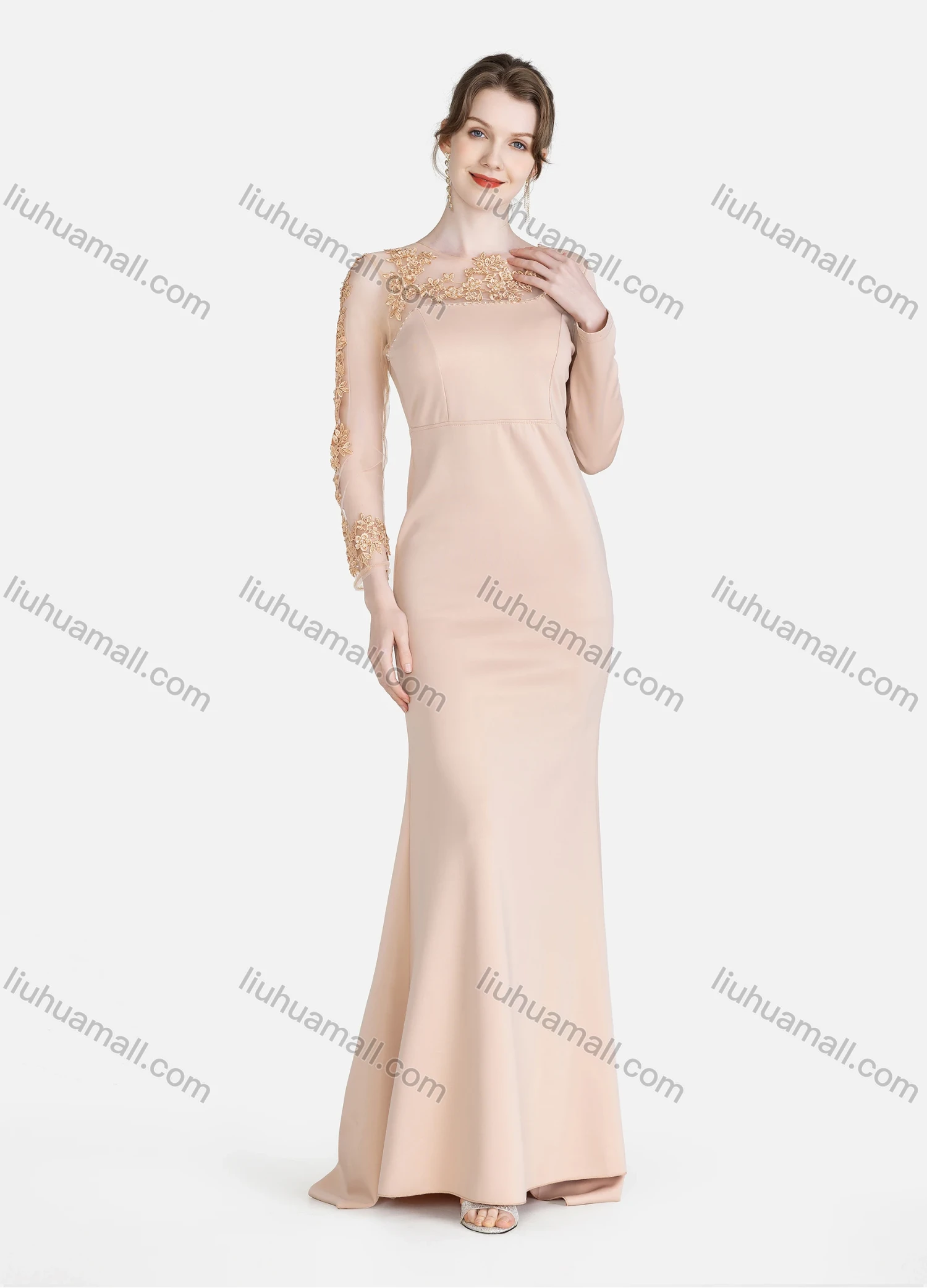 Wholesale Women's Elegant Plain Round Neck Splicing Sheer Lace See Through Rhinestone Embroidered Mermaid Evening Dress - Liuhuamall