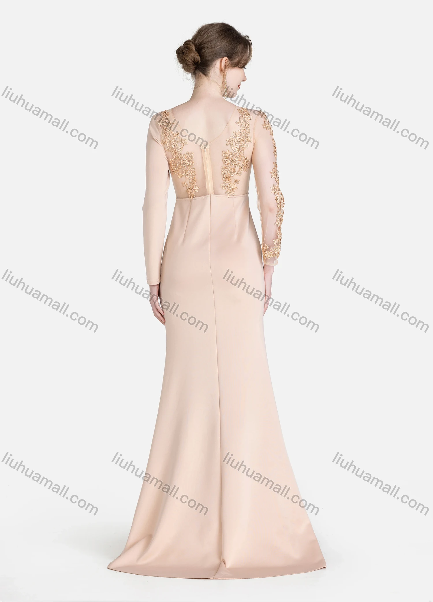 Wholesale Women's Elegant Plain Round Neck Splicing Sheer Lace See Through Rhinestone Embroidered Mermaid Evening Dress - Liuhuamall