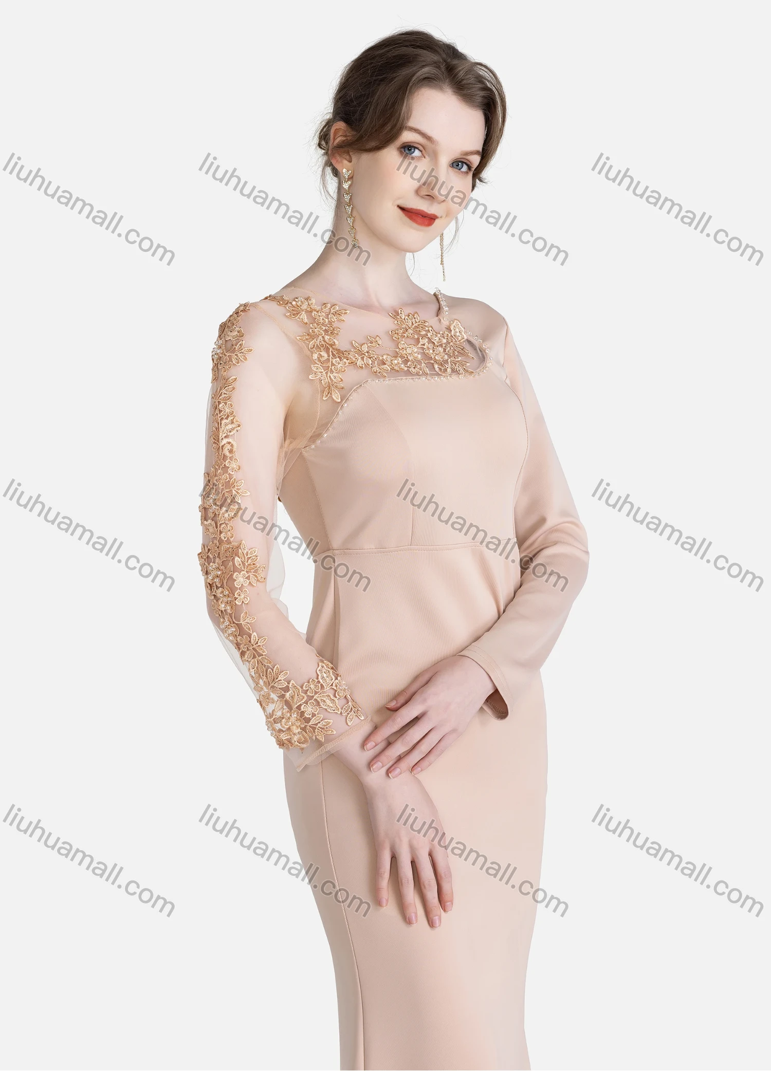 Wholesale Women's Elegant Plain Round Neck Splicing Sheer Lace See Through Rhinestone Embroidered Mermaid Evening Dress - Liuhuamall