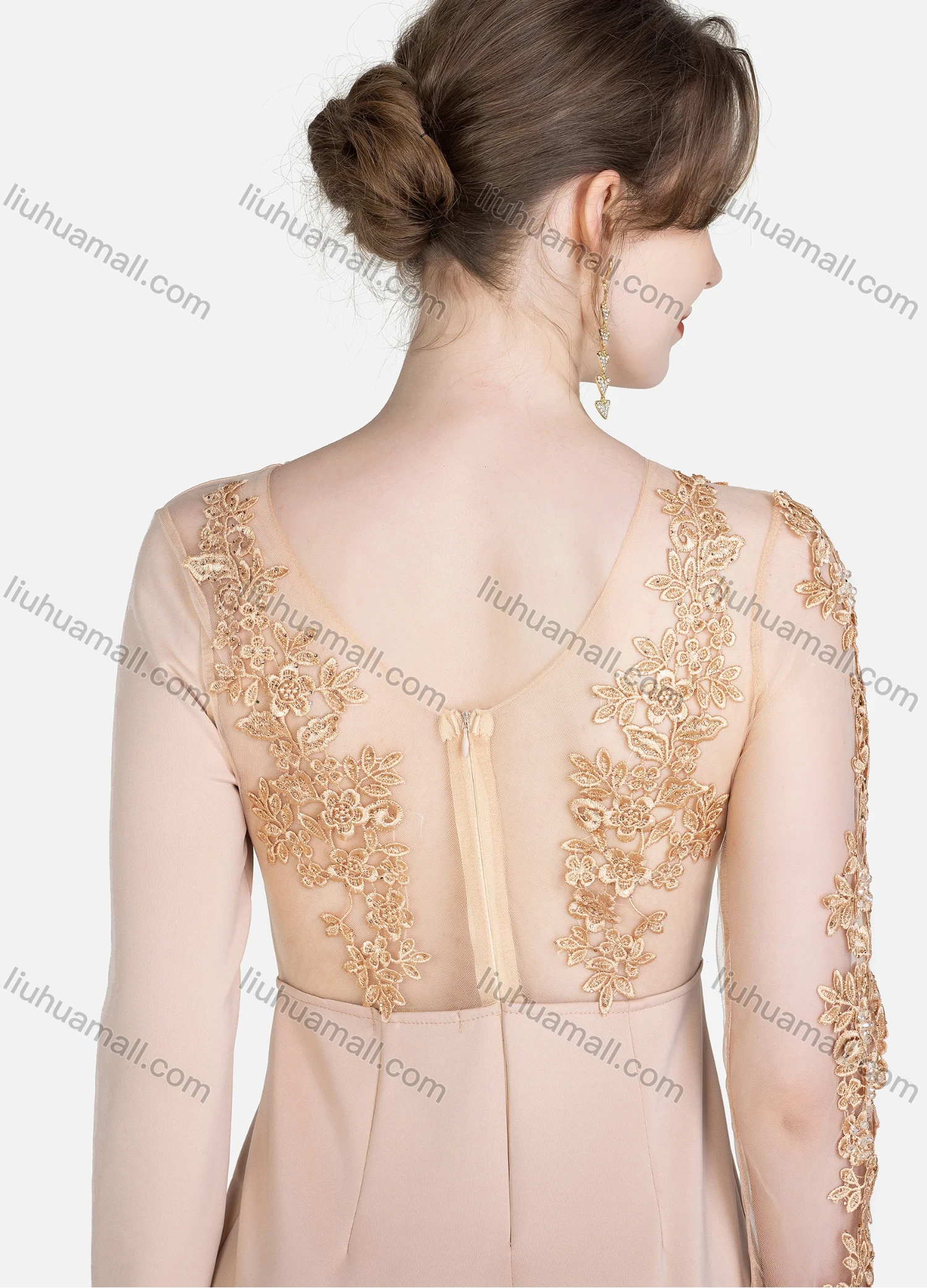 Wholesale Women's Elegant Plain Round Neck Splicing Sheer Lace See Through Rhinestone Embroidered Mermaid Evening Dress - Liuhuamall