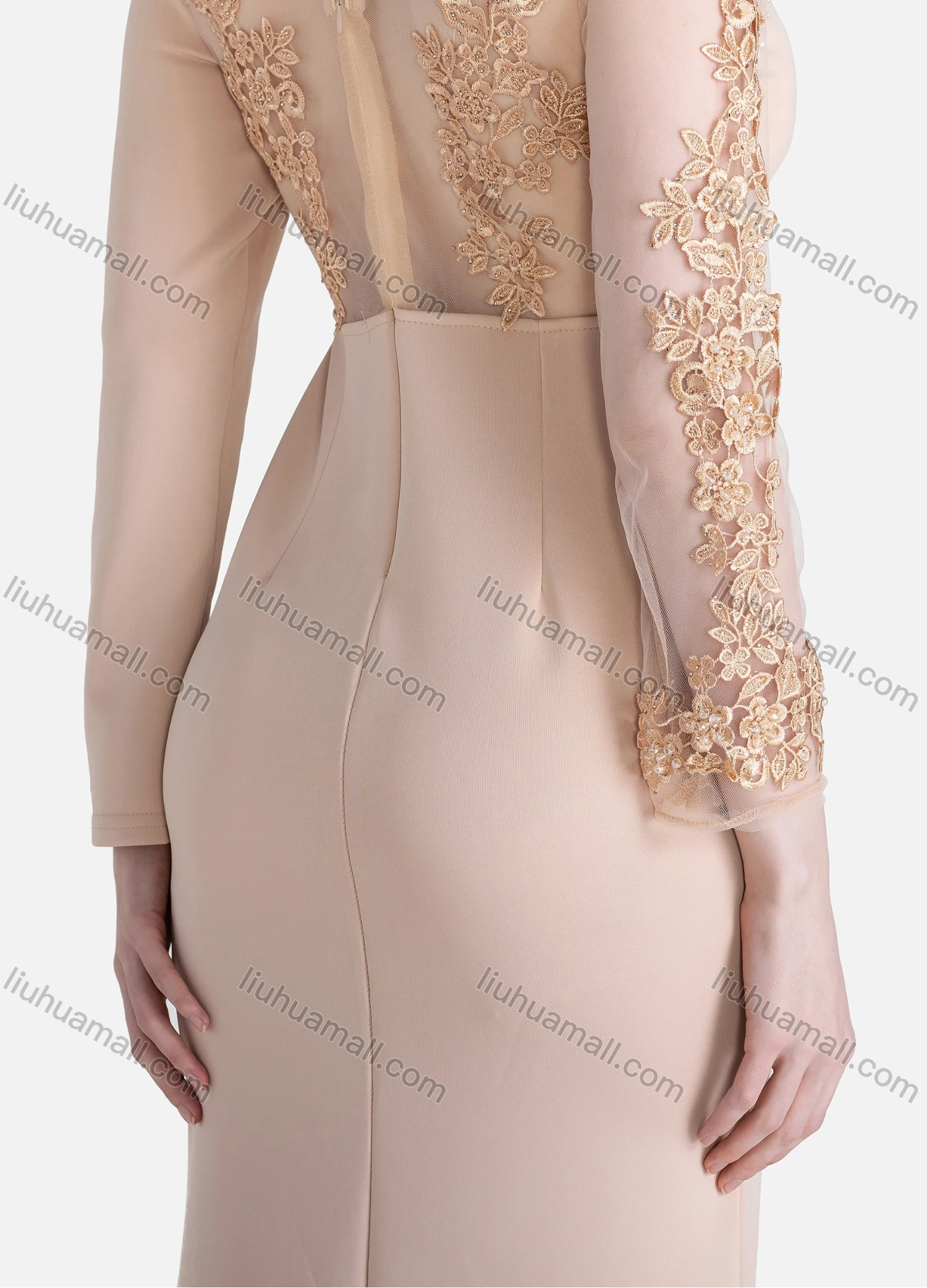 Wholesale Women's Elegant Plain Round Neck Splicing Sheer Lace See Through Rhinestone Embroidered Mermaid Evening Dress - Liuhuamall