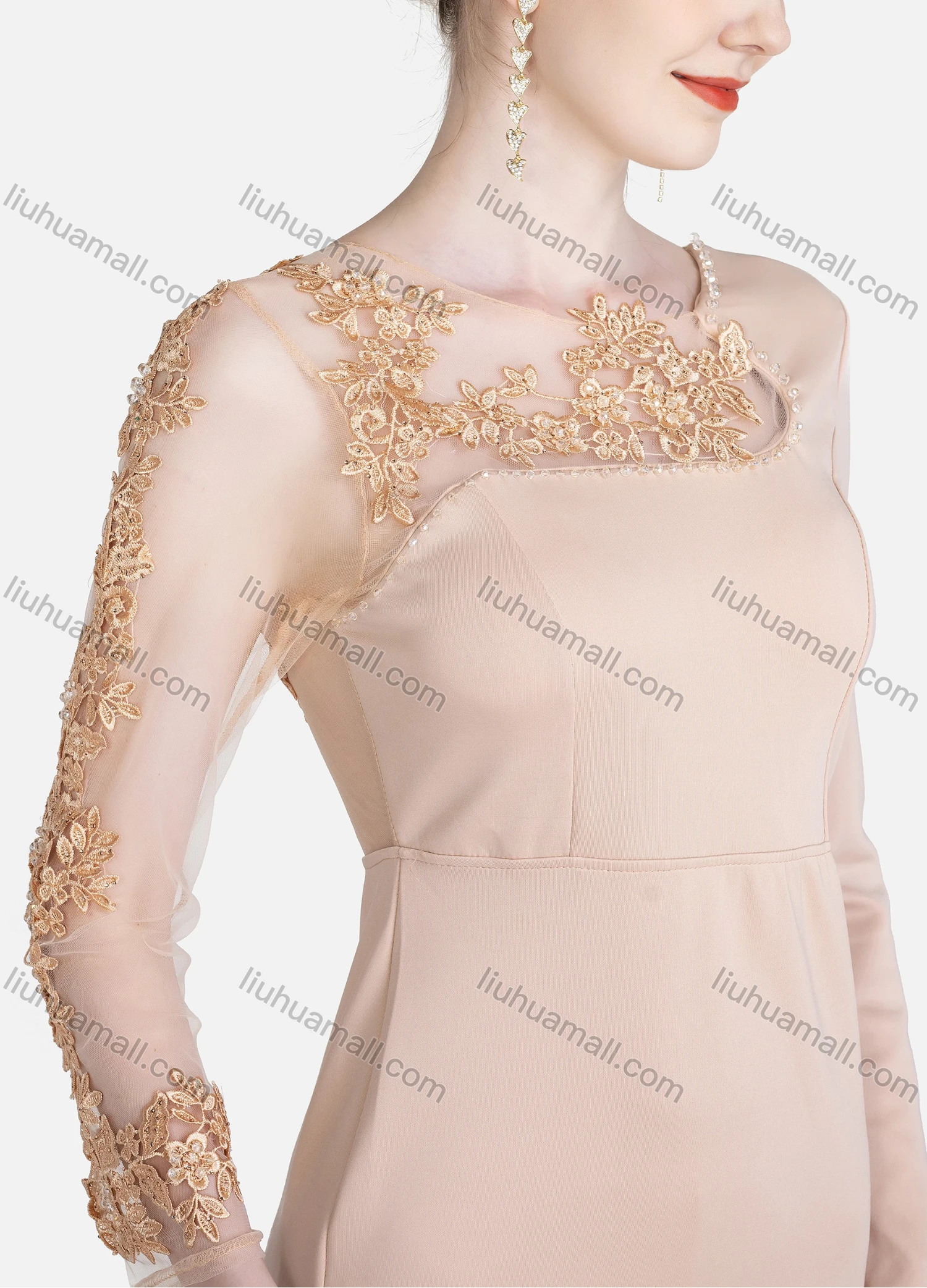 Wholesale Women's Elegant Plain Round Neck Splicing Sheer Lace See Through Rhinestone Embroidered Mermaid Evening Dress - Liuhuamall
