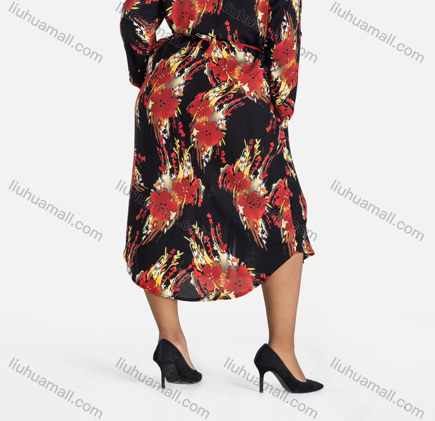 Wholesale Women's Casual Plus Size Shirt Collar Long Sleeve Button Closure Midi Dress With Belt - Liuhuamall