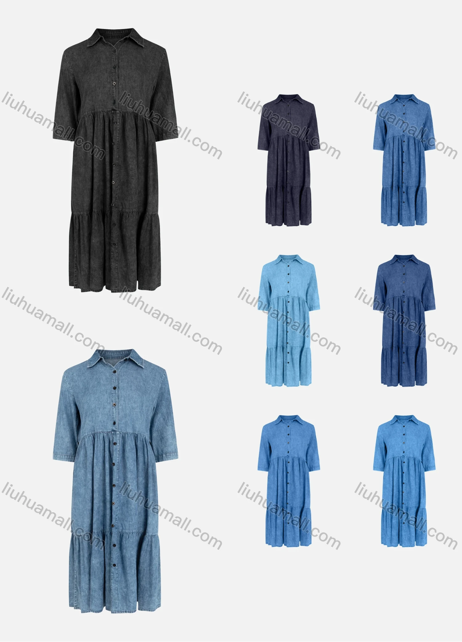 Wholesale Women's Casual 3/4 Sleeve Collared Button Down Ruffle Hem Denim Dress - Liuhuamall