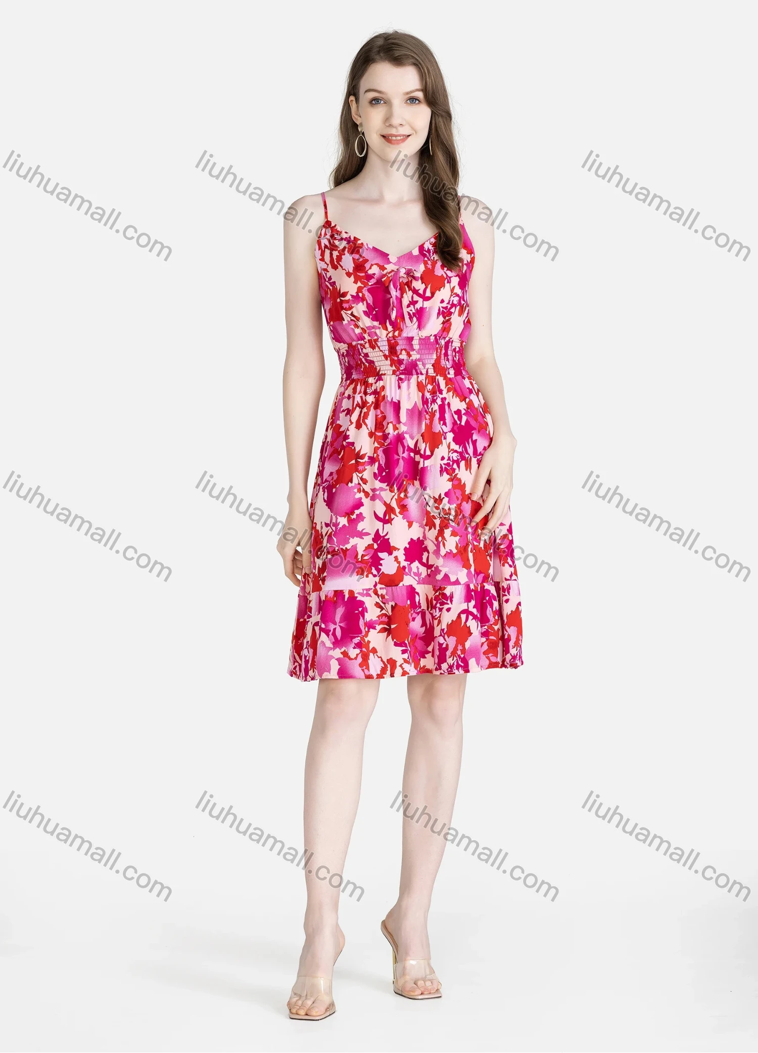 Wholesale Women's Casual V Neck Elastic Waist Lace Up Ruffle Hem Floral Print Cami Dress - Liuhuamall