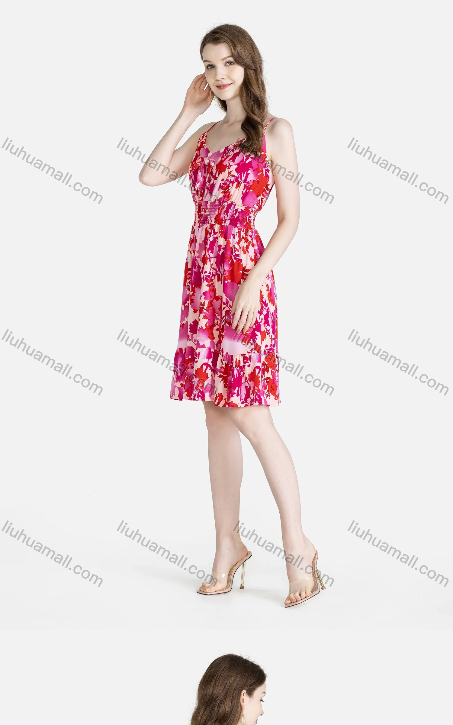 Wholesale Women's Casual V Neck Elastic Waist Lace Up Ruffle Hem Floral Print Cami Dress - Liuhuamall