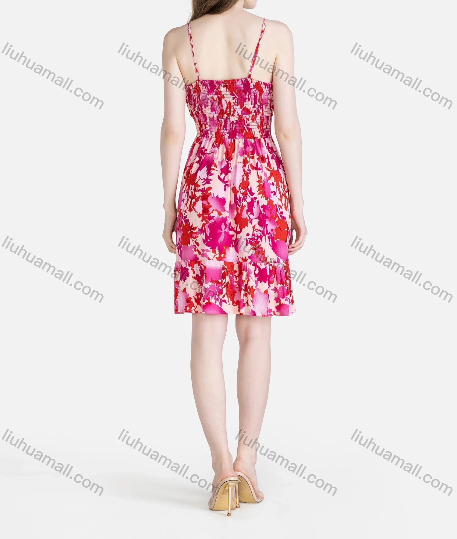 Wholesale Women's Casual V Neck Elastic Waist Lace Up Ruffle Hem Floral Print Cami Dress - Liuhuamall