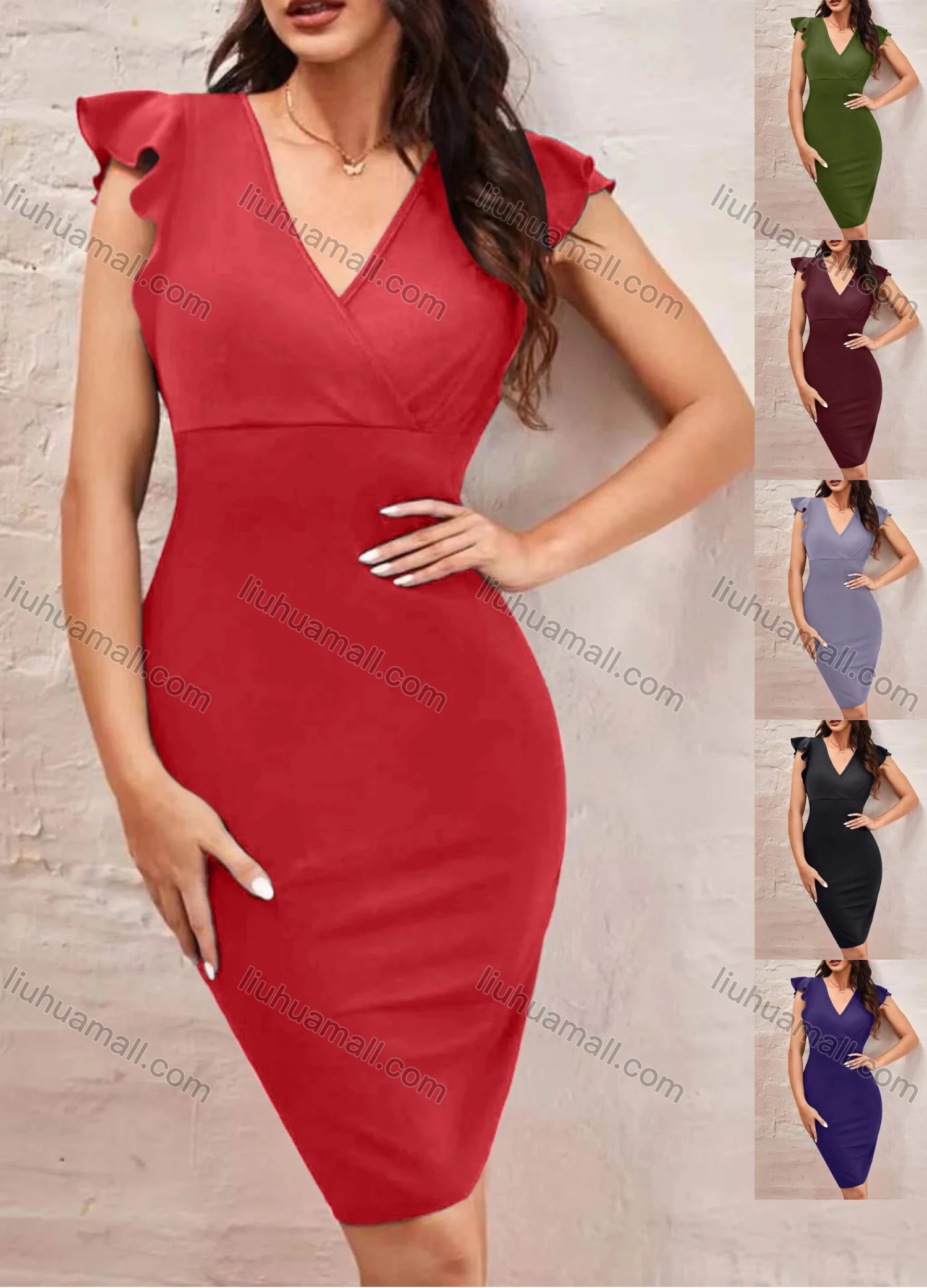 Wholesale Women's Casual Wrap V Neck Ruffle Trim Sleeveless Bodycon Plain Dress - Liuhuamall