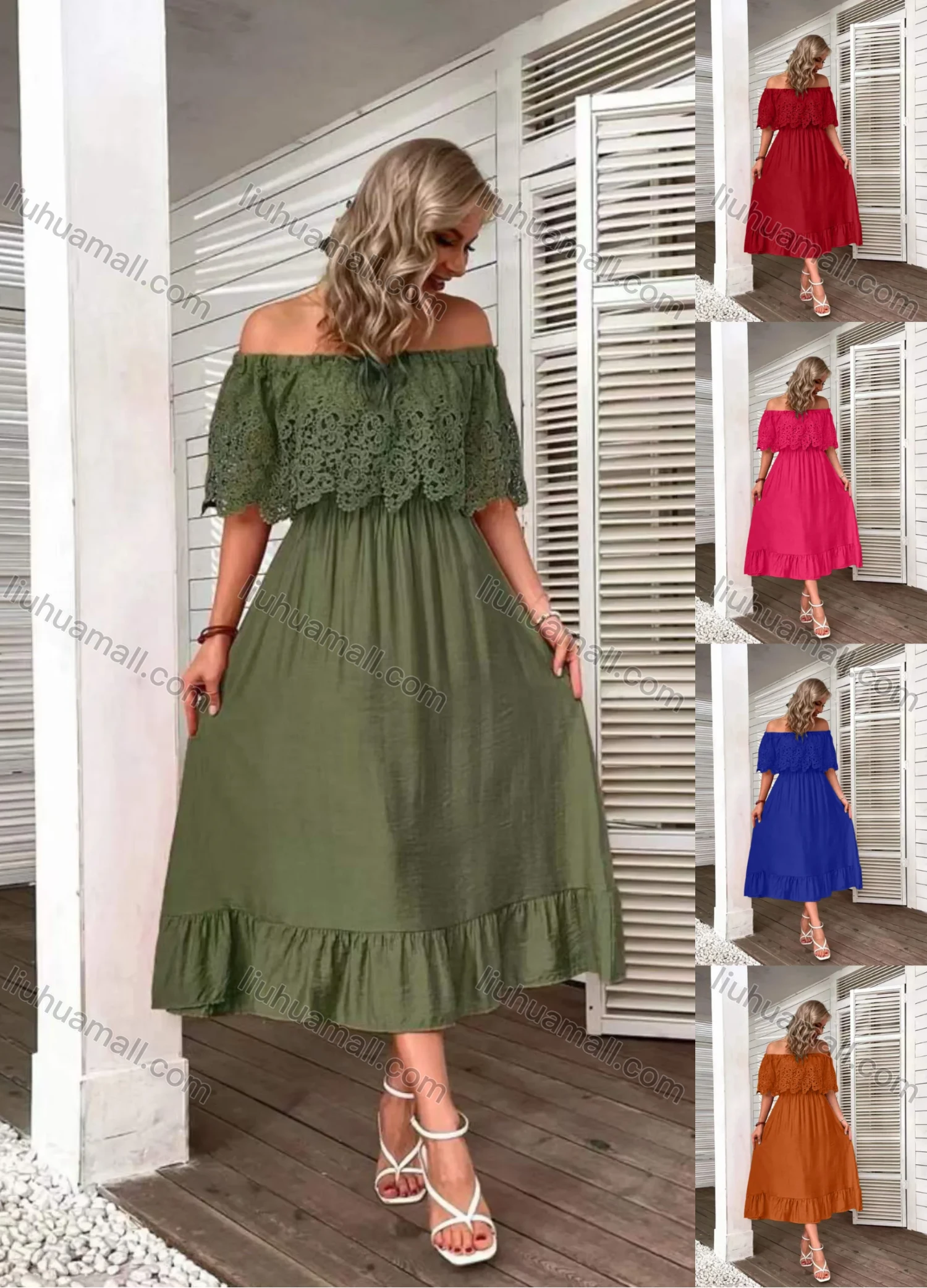 Wholesale Women's Casual Ruched Off Shoulder Guipure Lace Ruffle Hem Plain Midi Dress - Liuhuamall