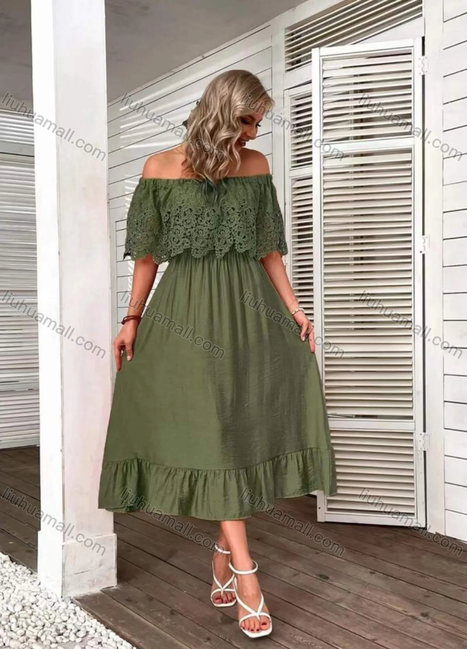 Wholesale Women's Casual Ruched Off Shoulder Guipure Lace Ruffle Hem Plain Midi Dress - Liuhuamall