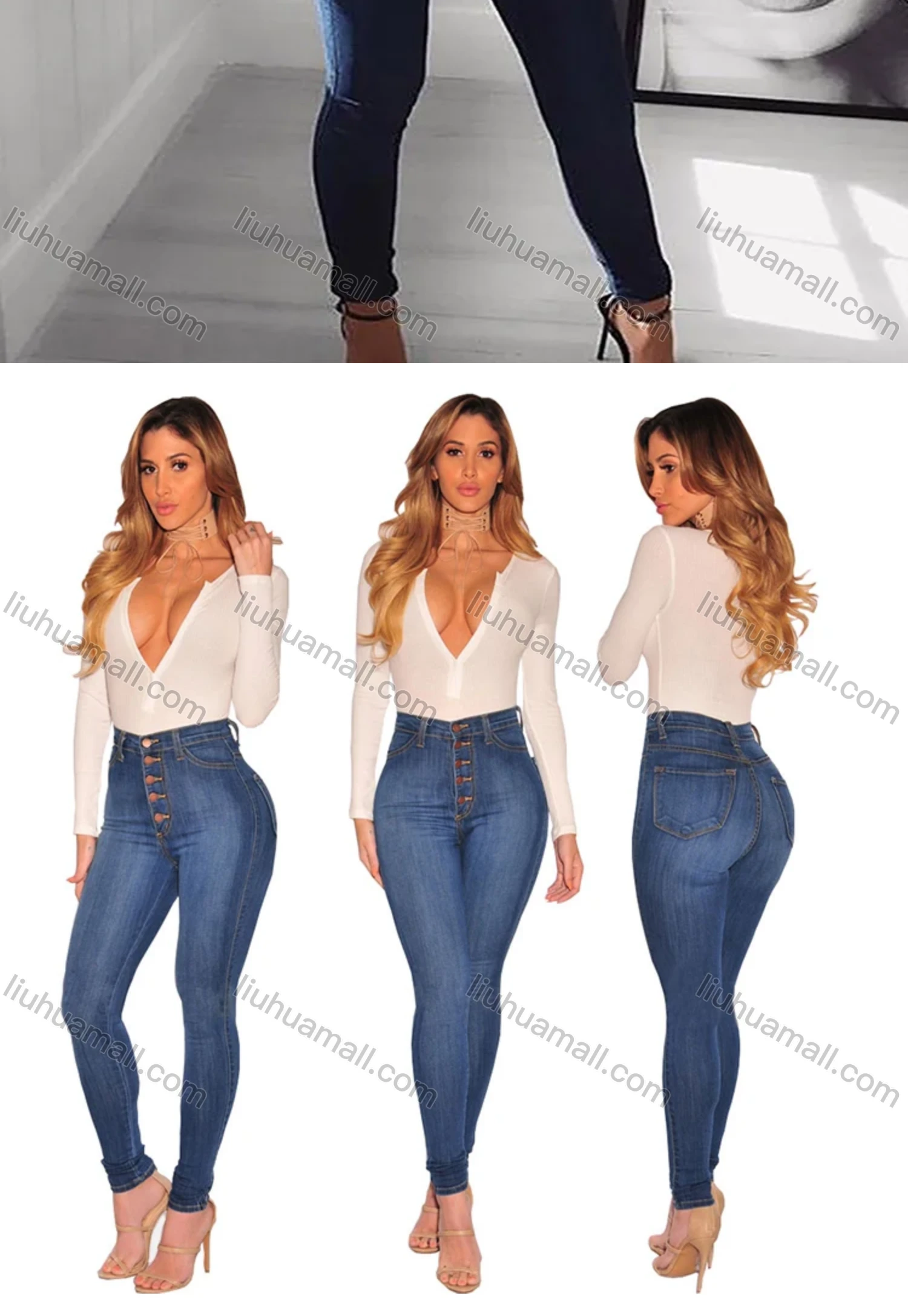Wholesale Women's Casual Plain High Waist Patch Pocket Button Front Skinny Jeans 178# - Liuhuamall