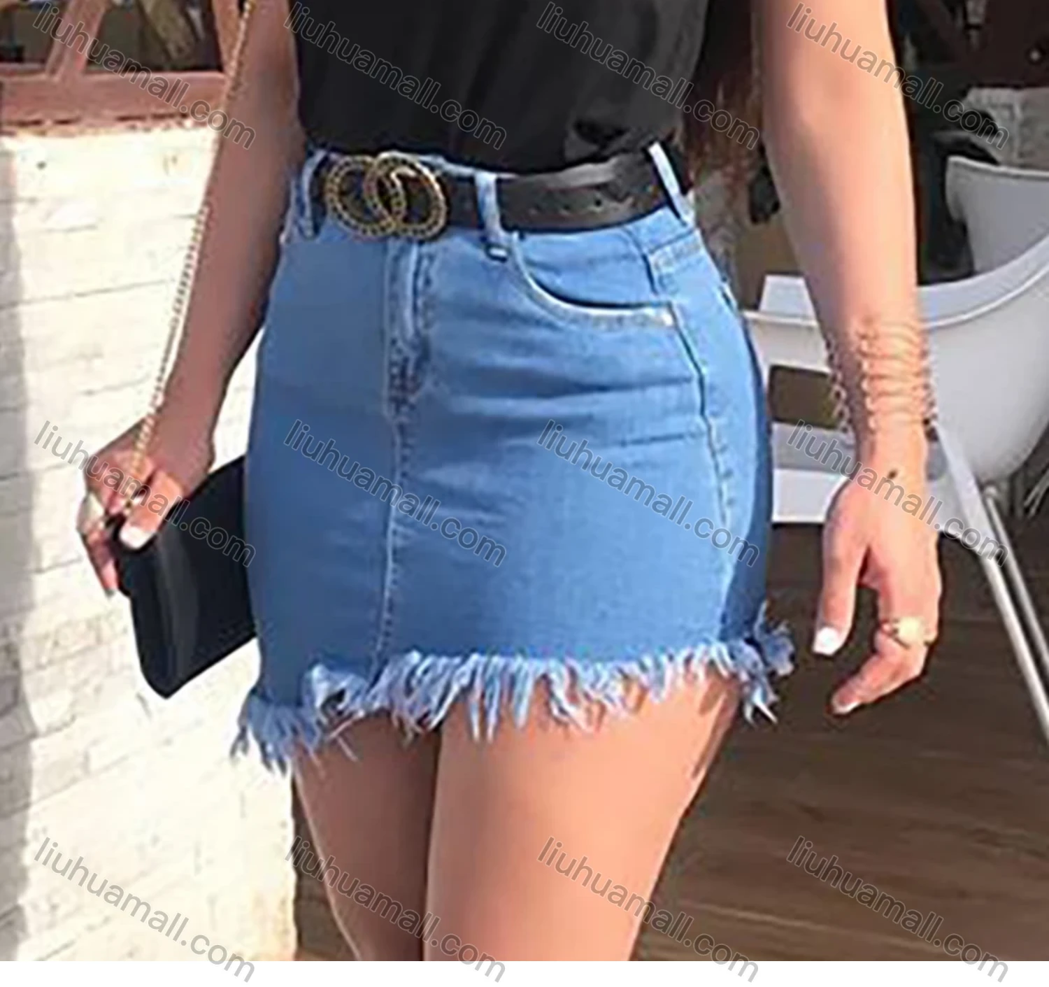 Wholesale Women's Casual Plain Patch Pocket Frayed Raw Hem Mini Denim Skirt - Liuhuamall