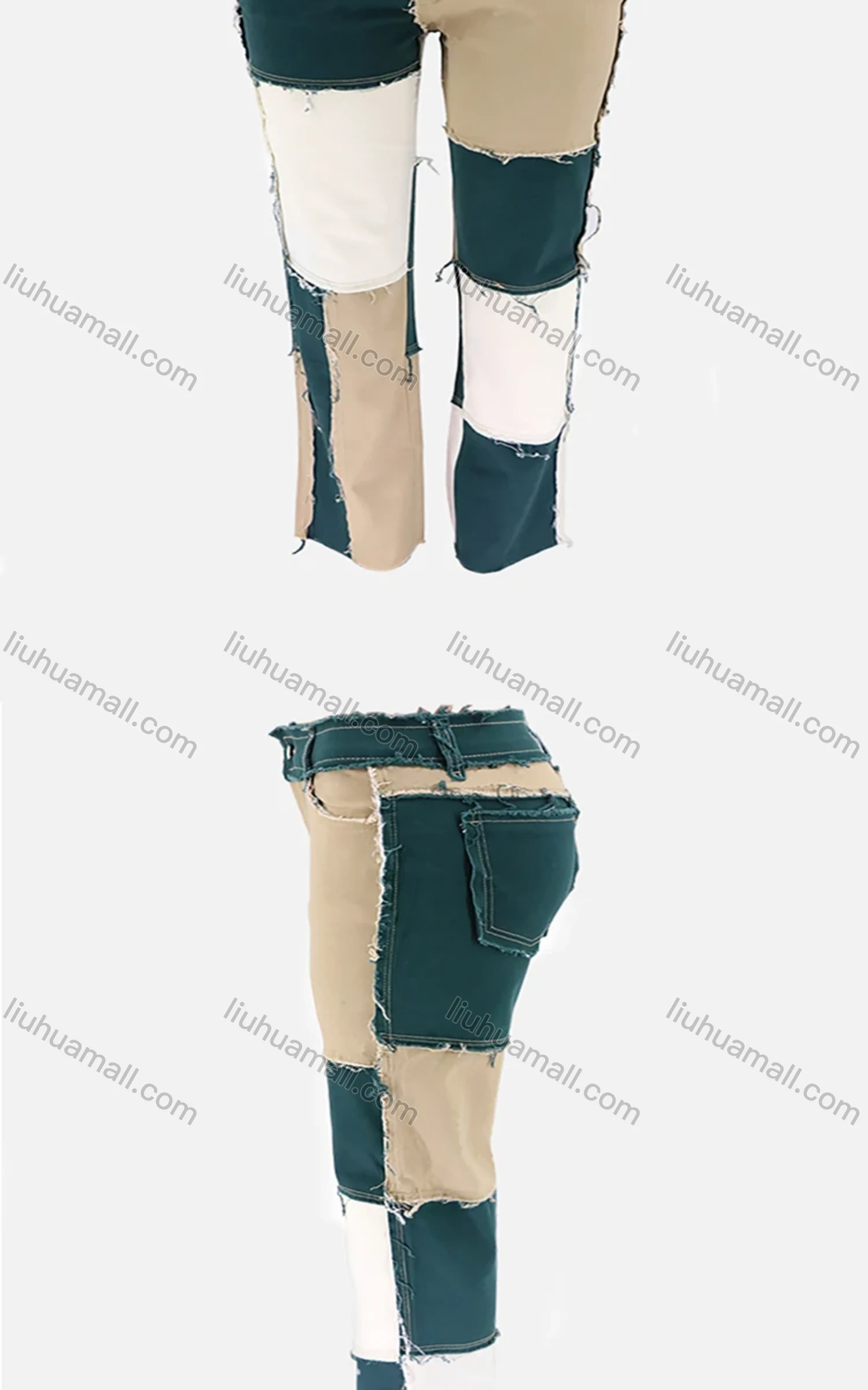 Wholesale Women's Fashion Colorblock Patchwork Frayed Raw Trim Patch Pocket Jeans - Liuhuamall
