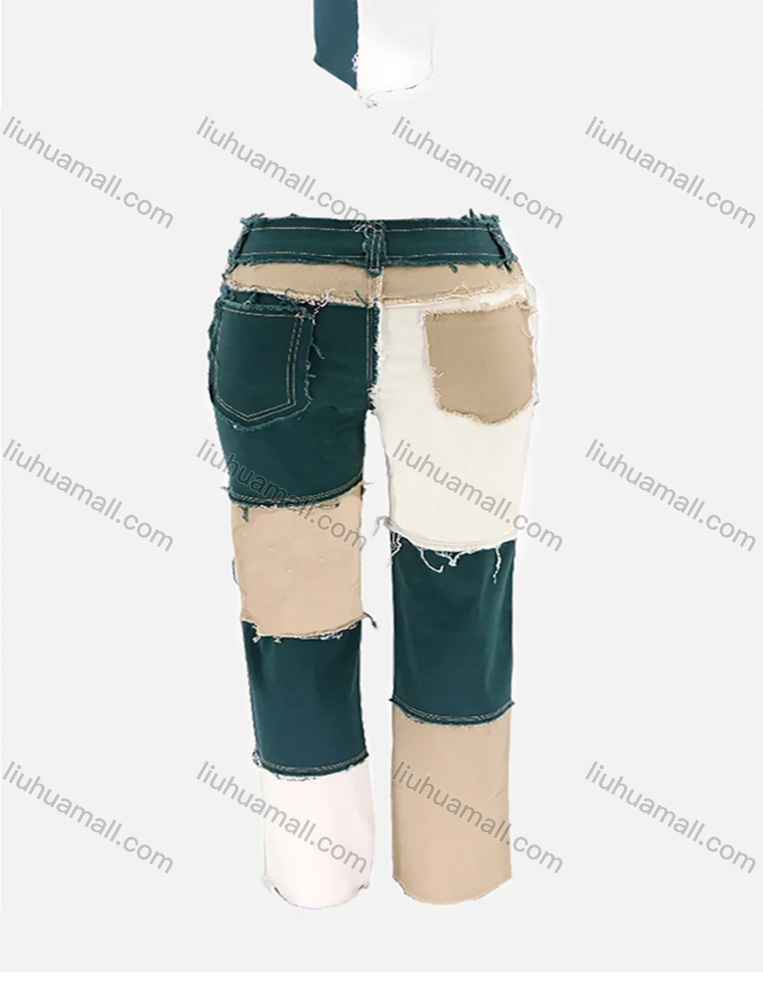 Wholesale Women's Fashion Colorblock Patchwork Frayed Raw Trim Patch Pocket Jeans - Liuhuamall