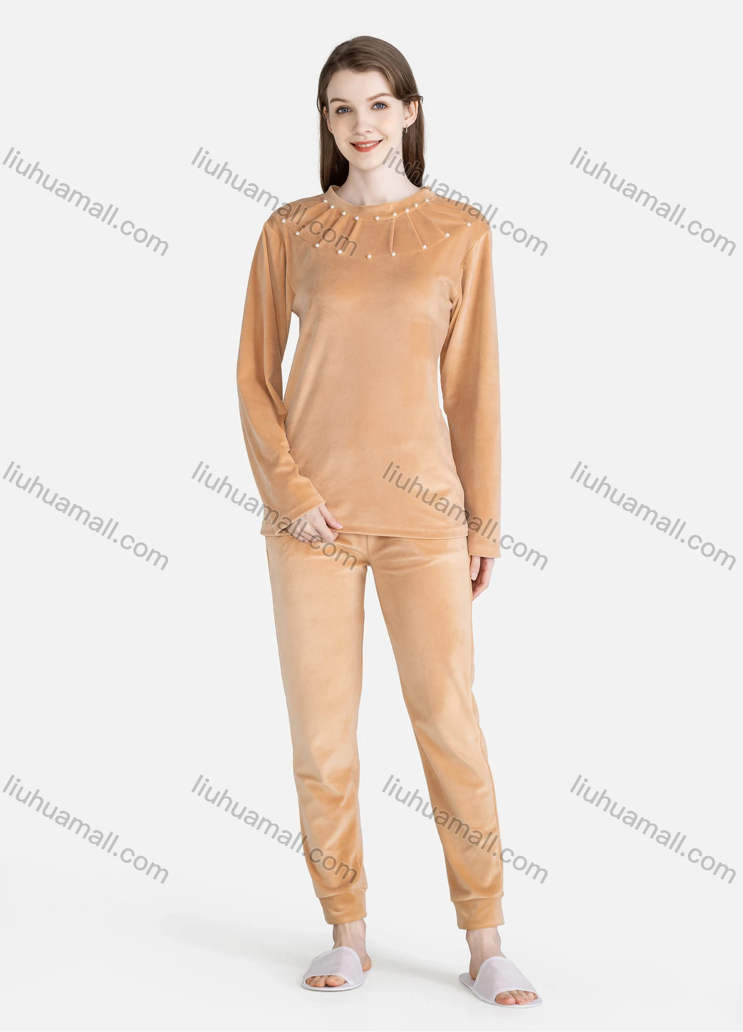 Wholesale Women's Casual Lounge Round Neck Long Sleeve Pearl Decor Plain Pleated T-Shirt & Pant Pajamas Sets - Liuhuamall