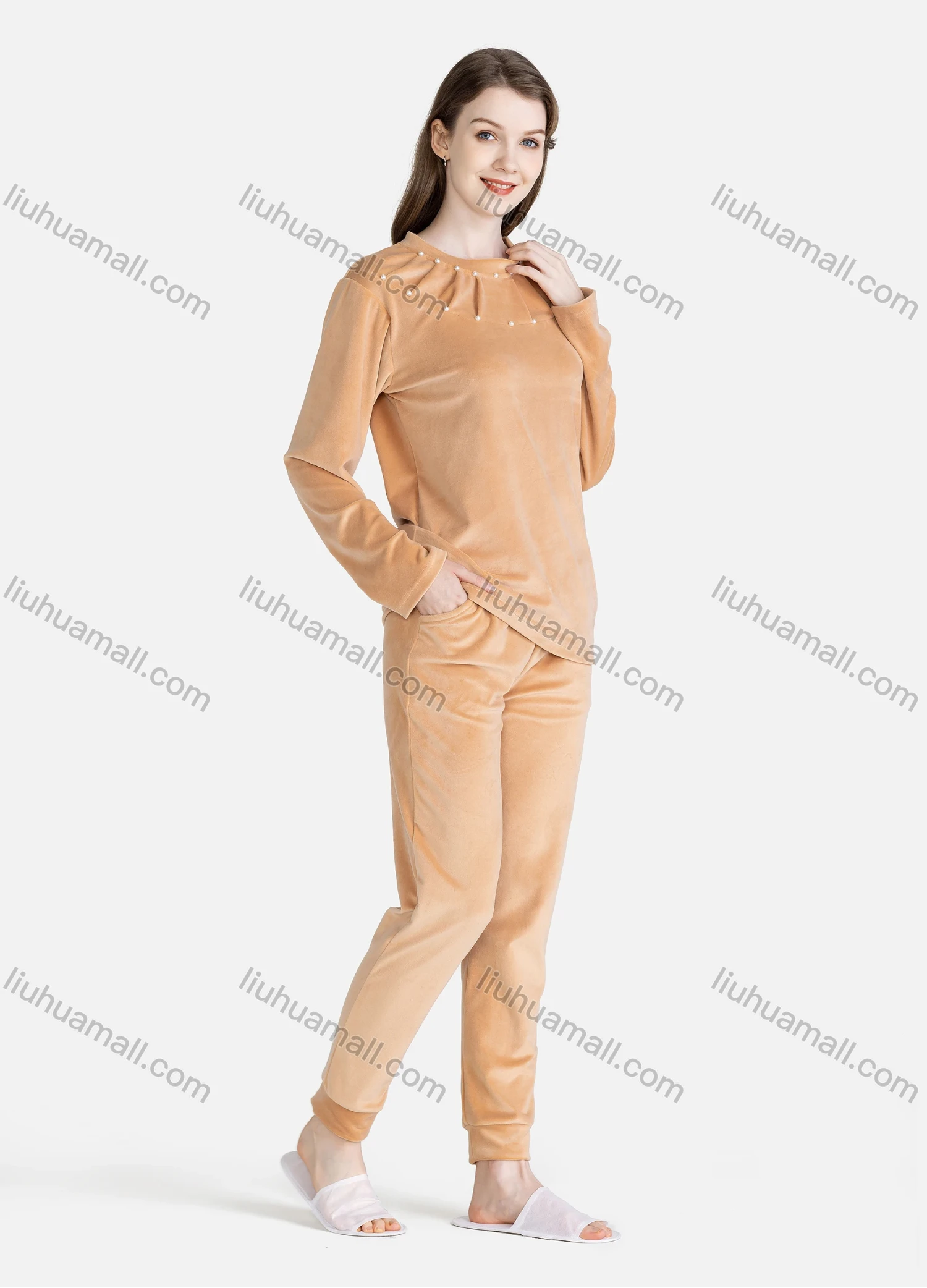 Wholesale Women's Casual Lounge Round Neck Long Sleeve Pearl Decor Plain Pleated T-Shirt & Pant Pajamas Sets - Liuhuamall