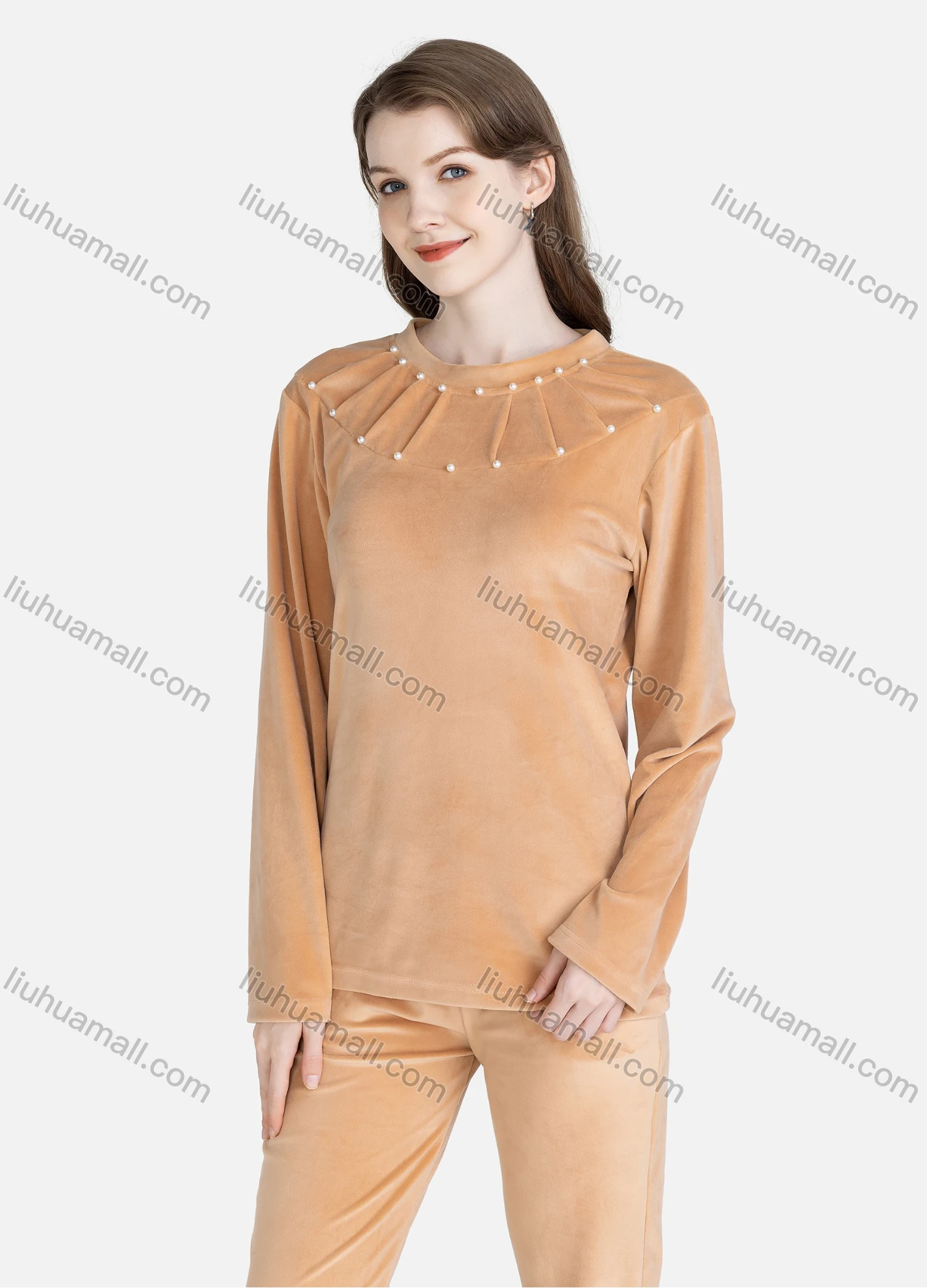 Wholesale Women's Casual Lounge Round Neck Long Sleeve Pearl Decor Plain Pleated T-Shirt & Pant Pajamas Sets - Liuhuamall