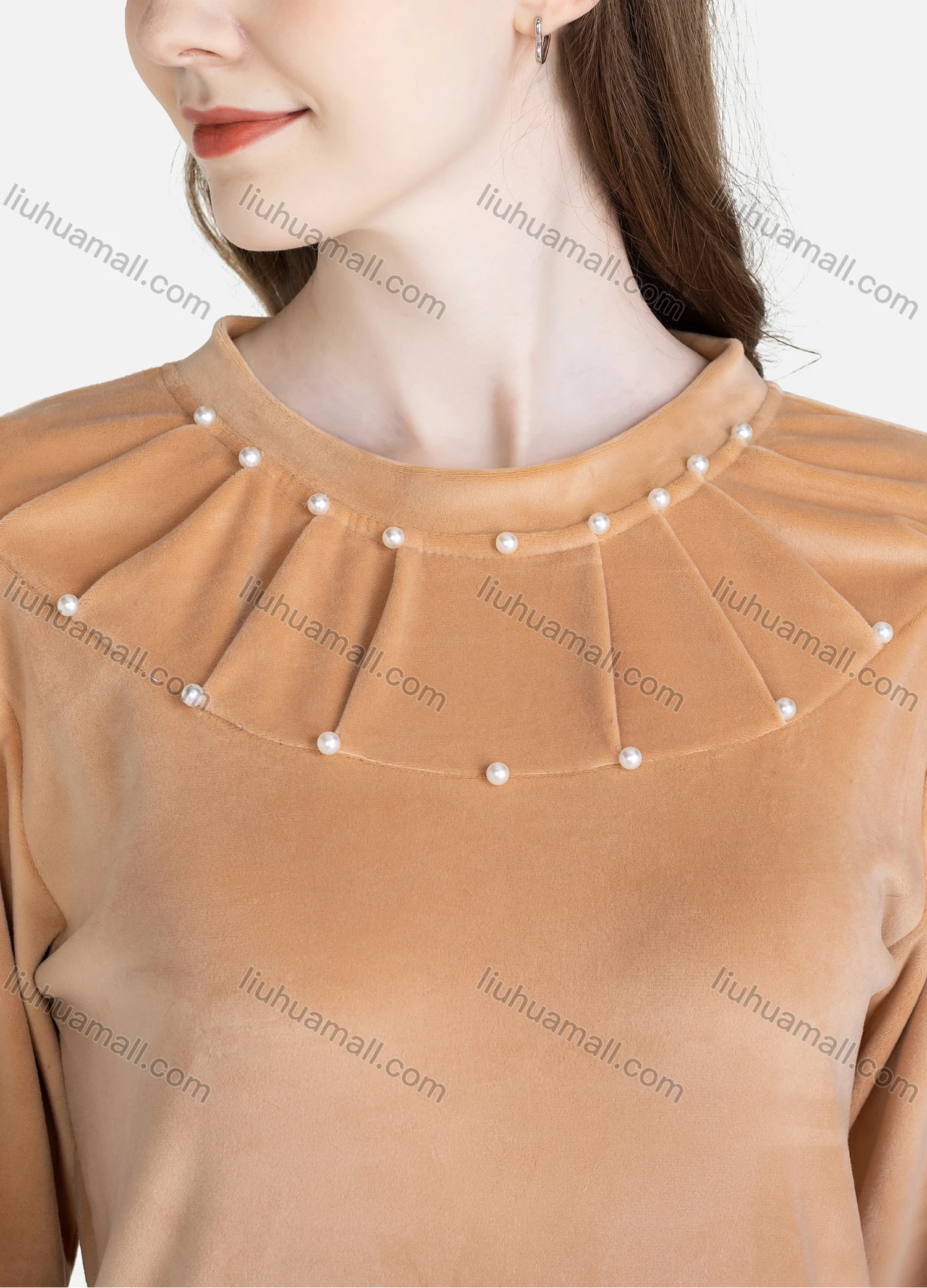 Wholesale Women's Casual Lounge Round Neck Long Sleeve Pearl Decor Plain Pleated T-Shirt & Pant Pajamas Sets - Liuhuamall