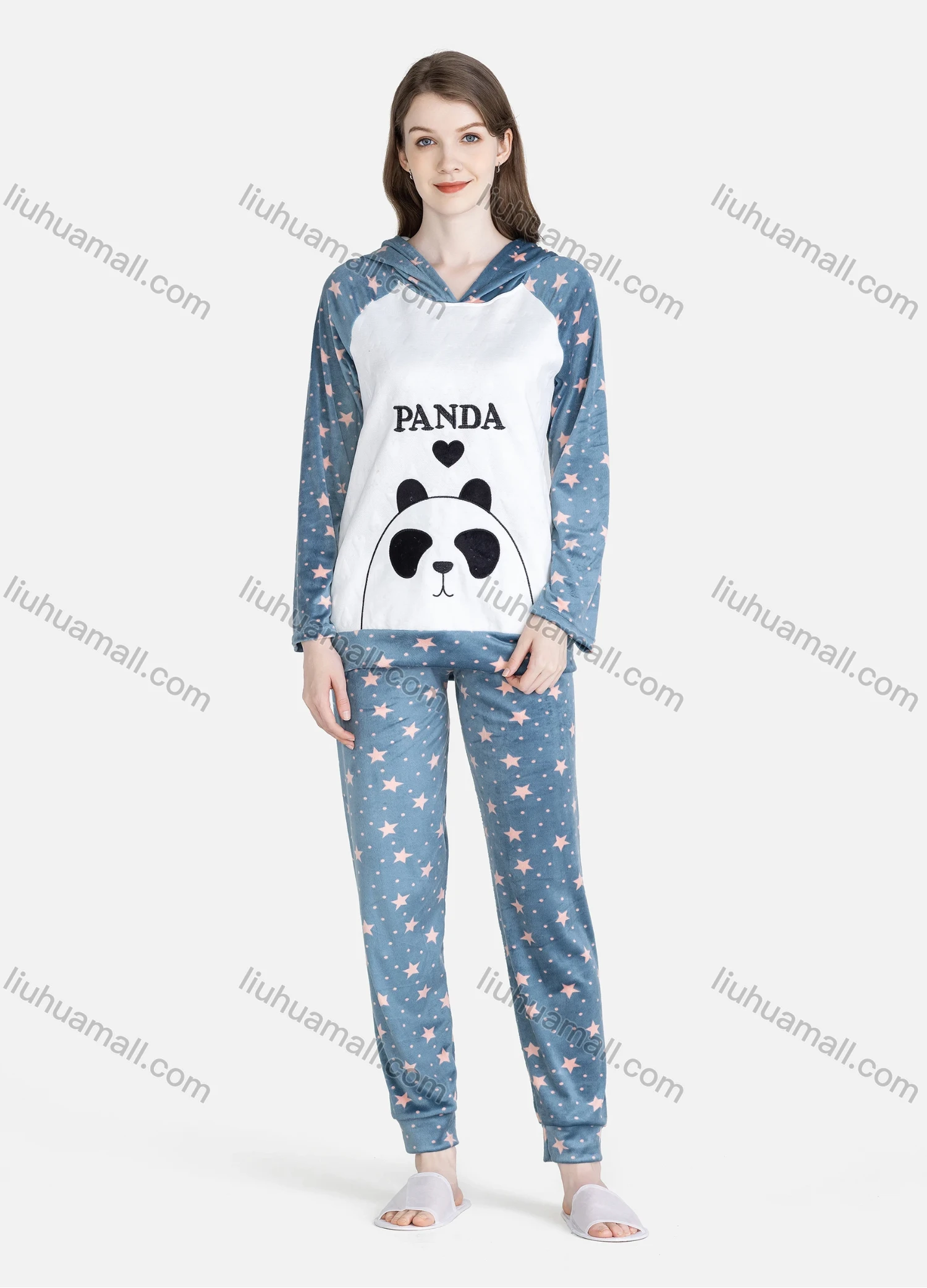 Wholesale Women's Casual Lounge Cute Hooded Pocket Long Sleeve Cartoon Star Pin Dot Print Top & Pant Pajamas Sets - Liuhuamall
