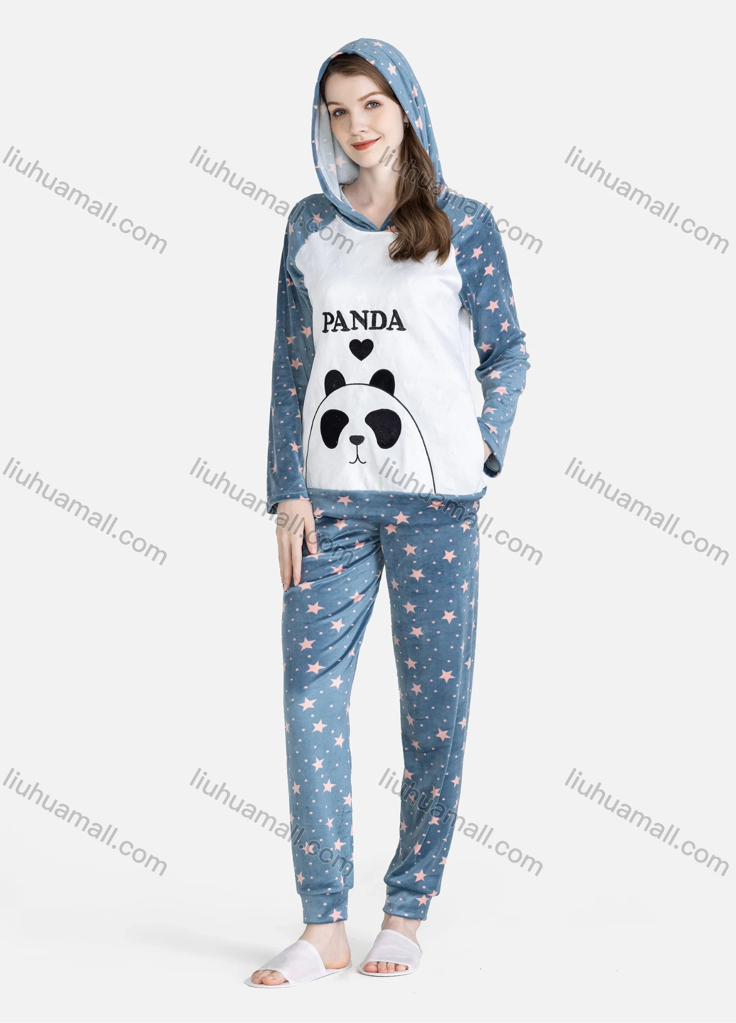Wholesale Women's Casual Lounge Cute Hooded Pocket Long Sleeve Cartoon Star Pin Dot Print Top & Pant Pajamas Sets - Liuhuamall